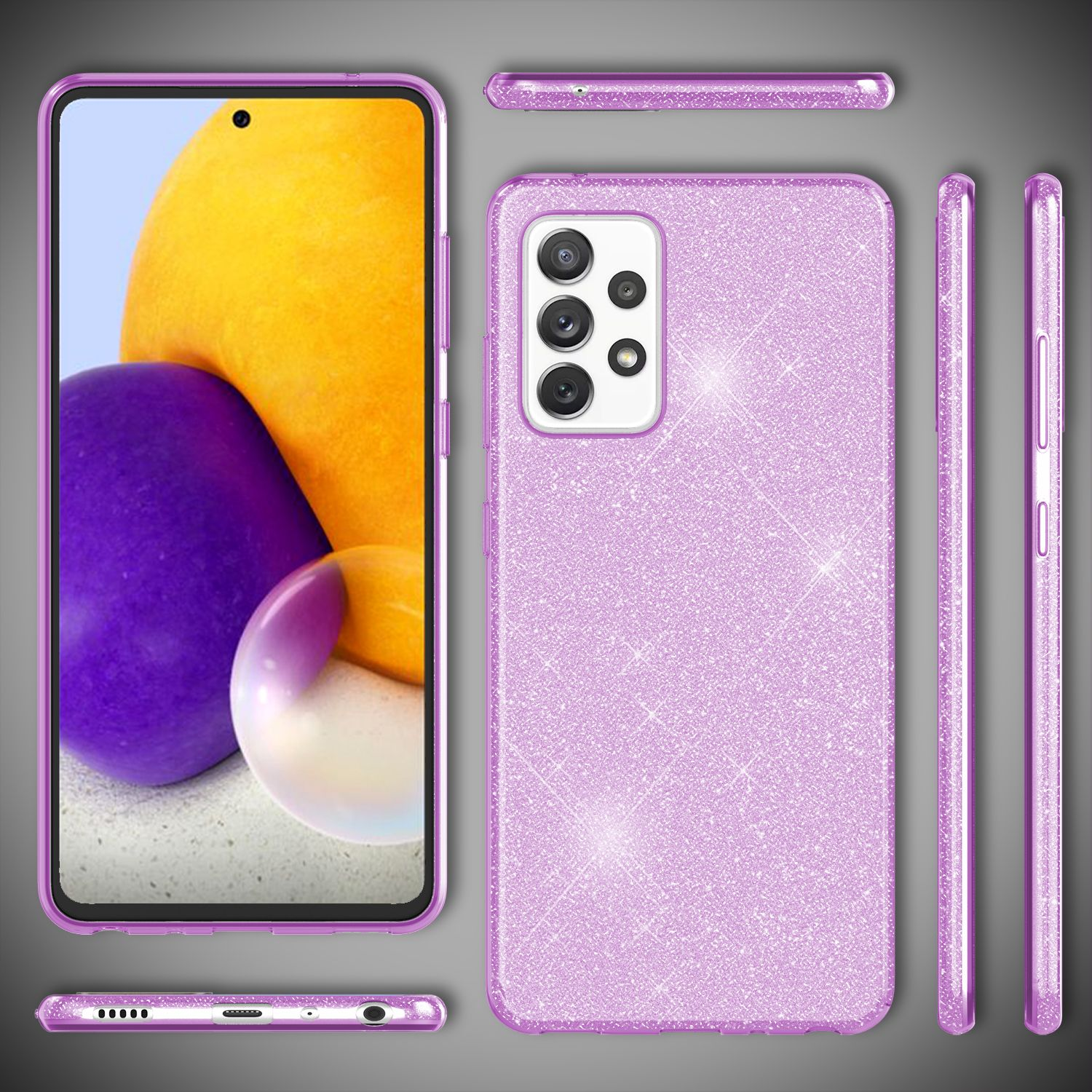 Lila Glitzer-Handyhülle mit Handy, mehrere Ansichten auf grauem Hintergrund.
