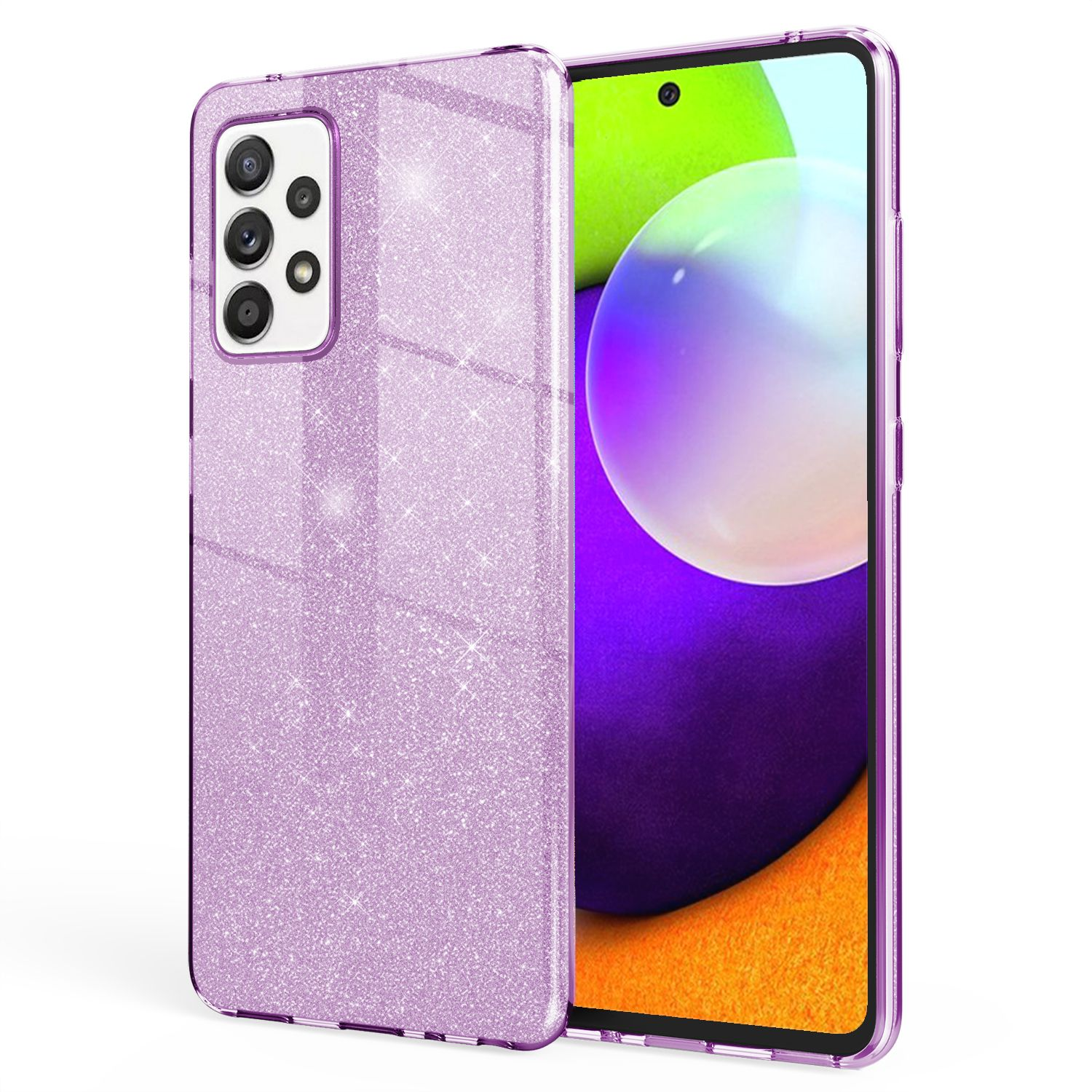 Lila Glitzer-Handyhülle mit Telefon. Das Telefon hat eine Kameraanordnung.