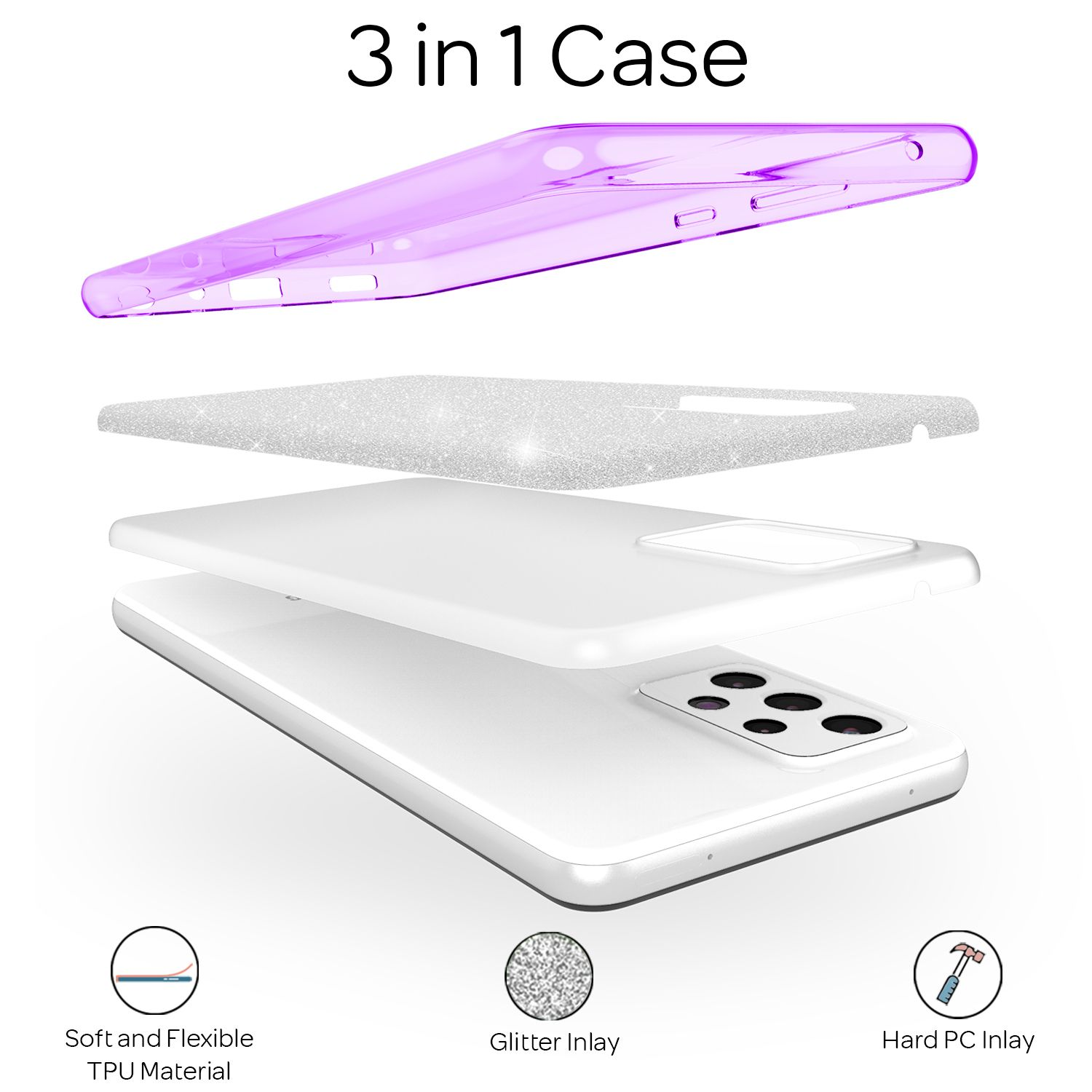Eine 3-in-1-Handyhülle mit getrennten Schichten. Enthält eine lila Oberseite, eine Glitzerschicht und eine weiße Handyhülle.