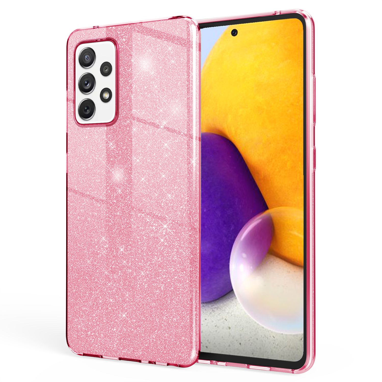 Rosa Glitzer-Handyhülle mit Kameramodul, an einem Telefon befestigt.