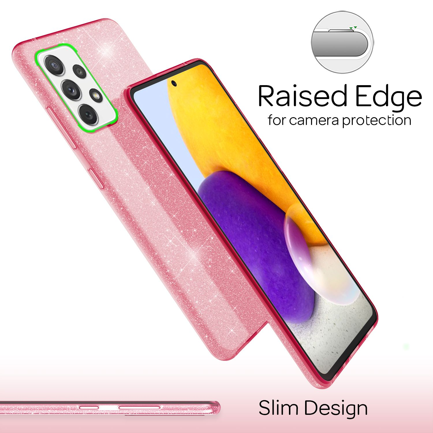 Rosa Handyhülle. Handyhülle ist über einem Telefon. Erhöhter Rand zum Schutz der Kamera.