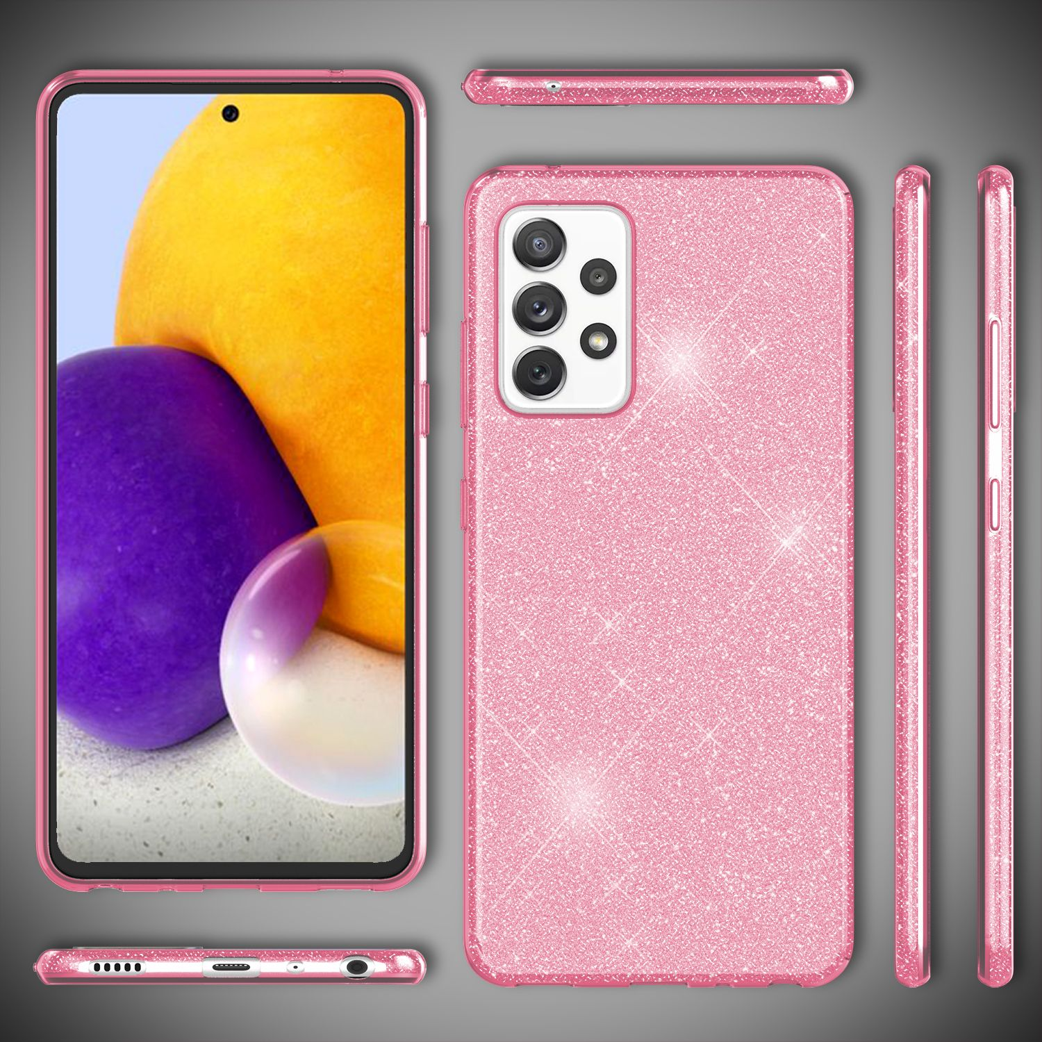 Rosa Glitzer-Handyhülle mit rosa Telefon, Seiten- und Draufsicht, zeigt ein Telefon mit Kamera.