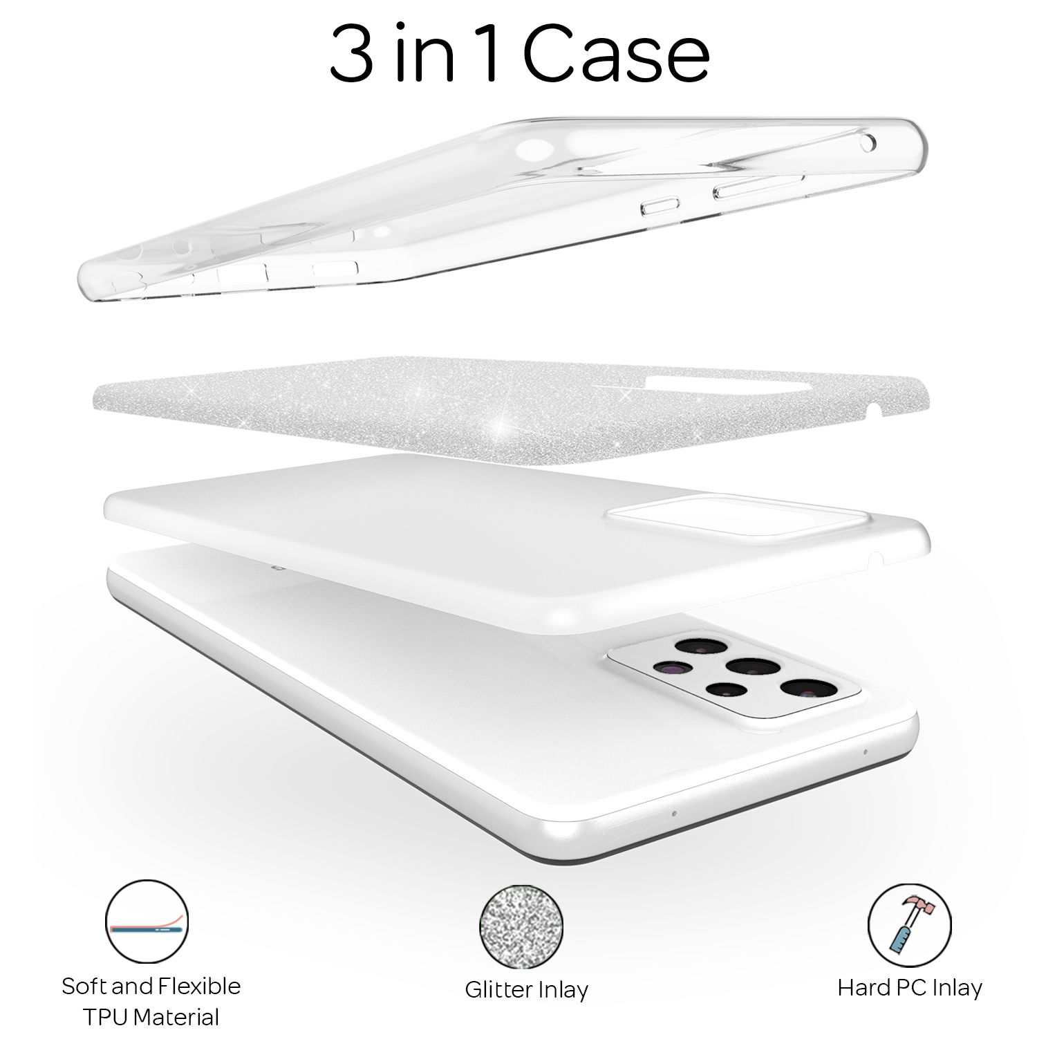Eine 3-in-1-Handyhülle mit einem weißen Telefon und verschiedenen, getrennten Schichten. Enthält Glitzer-Inlay.