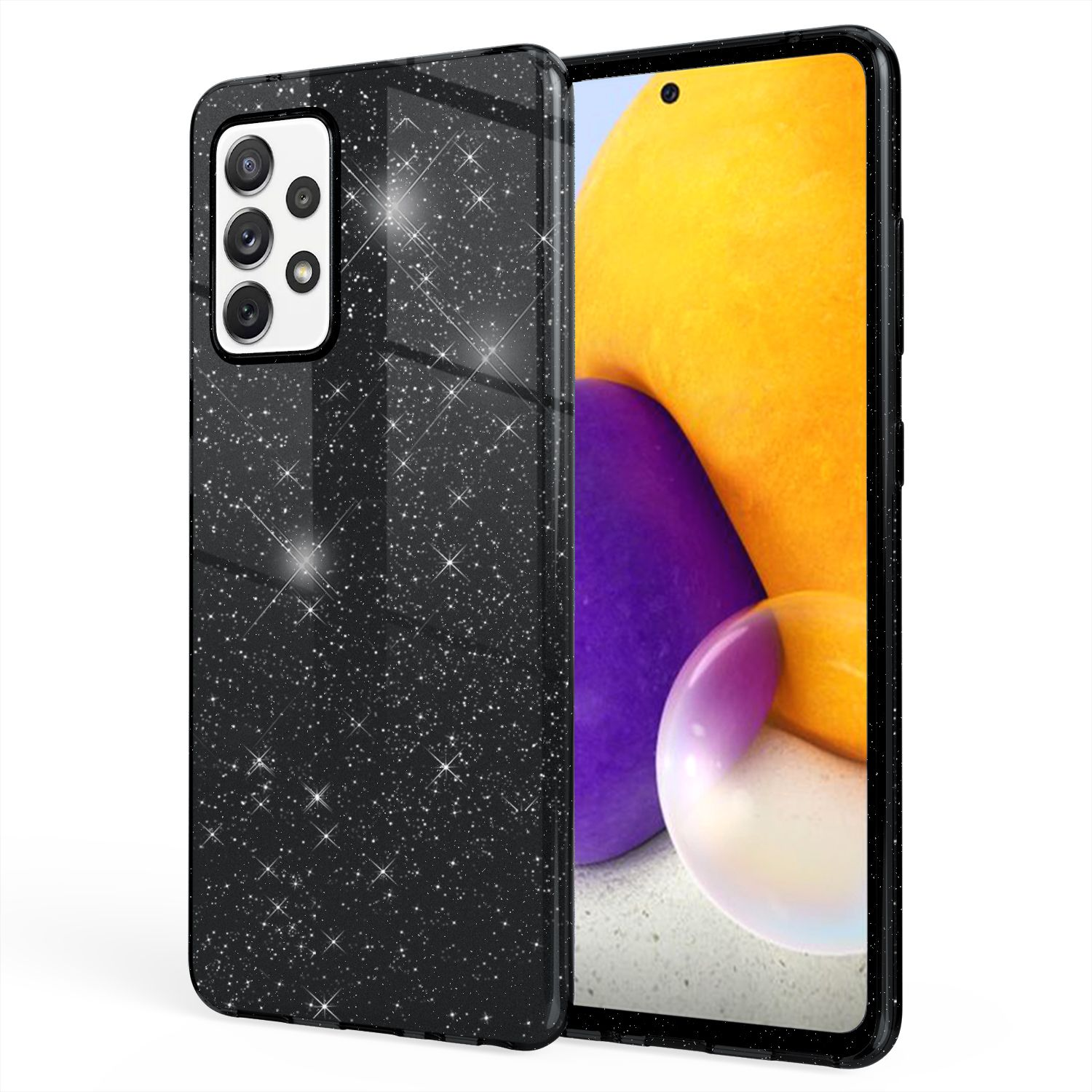 Schwarze Handyhülle mit Glitzer, bedeckt ein Telefon mit gelb-orangem Hintergrund.
