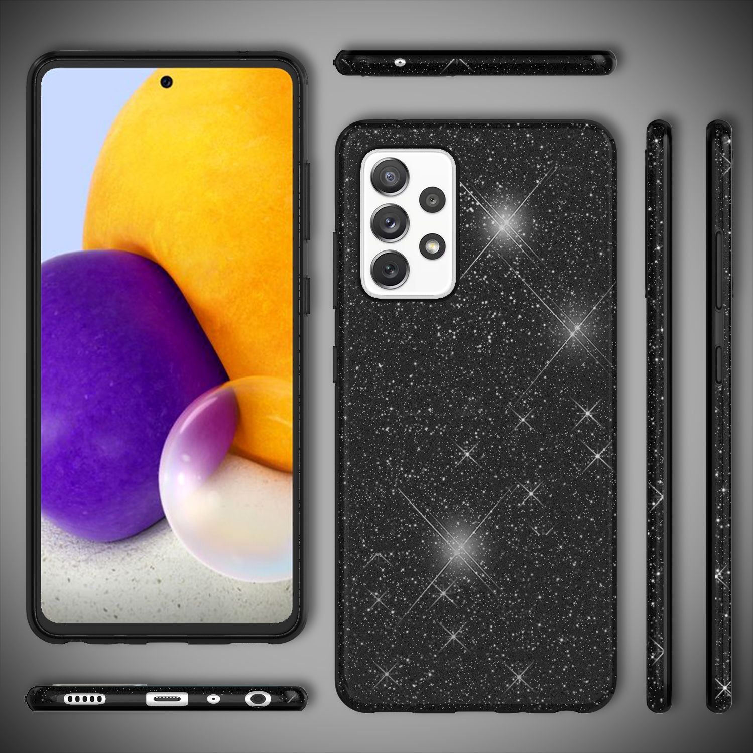 Schwarzes Telefon mit glitzernder schwarzer Hülle. Das Telefon hat ein großes, gelbes und lila Display.