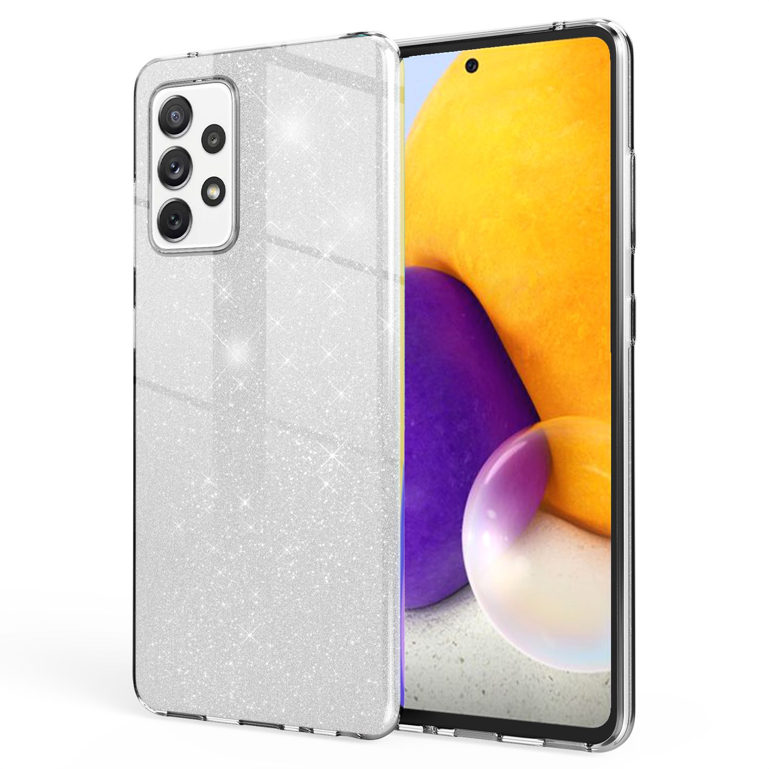 Transparente Glitzer-Handyhülle mit Smartphone, Kameras und Bildschirm.