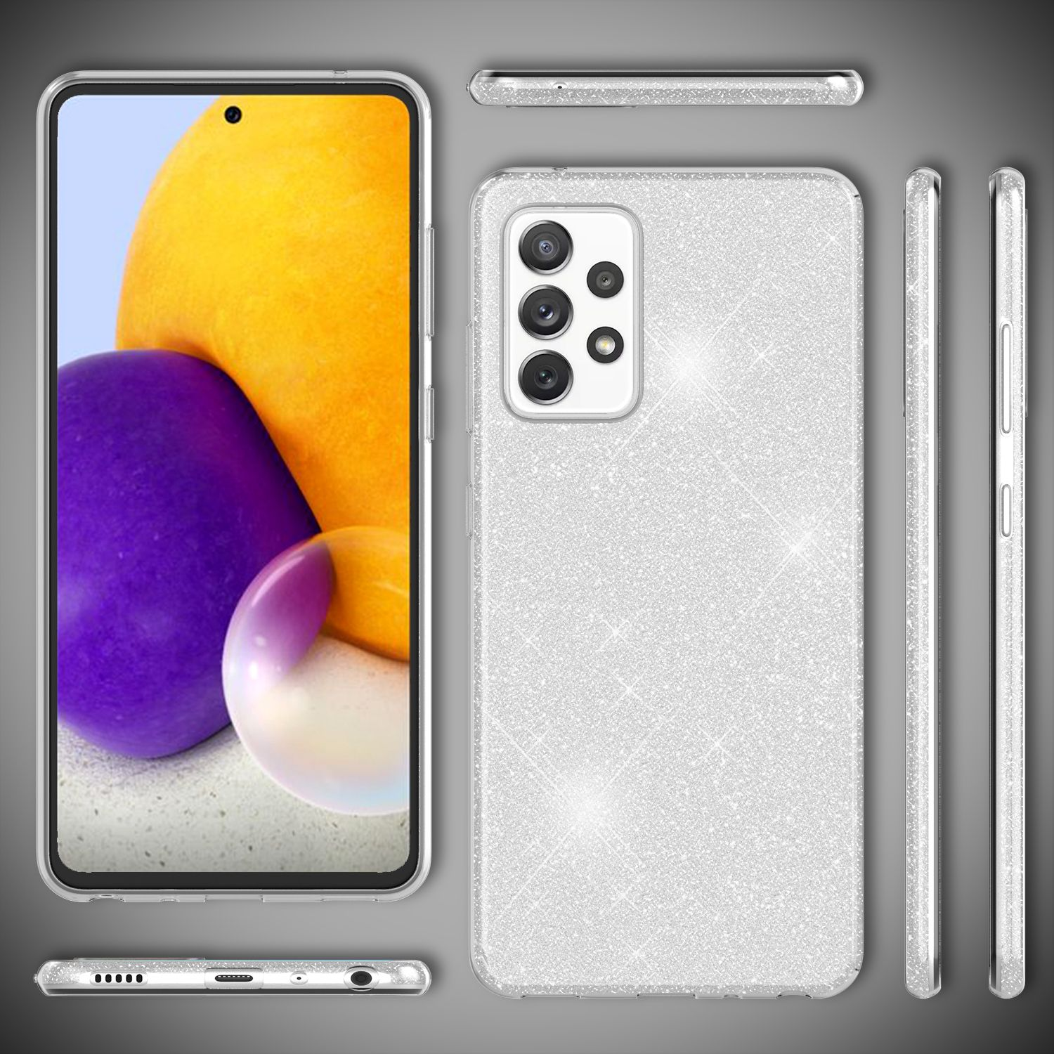 Ein Telefon in einer silbernen Glitzerhülle. Der Telefonbildschirm zeigt gelbe und violette Farben.
