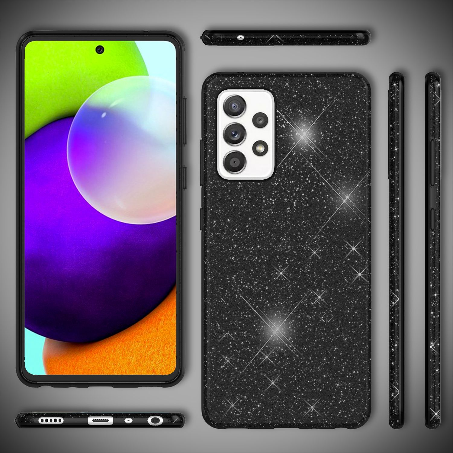 Schwarzes Telefon mit glitzernder Handyhülle auf weißem Hintergrund. Das Telefon ist auf dem Bildschirm zu sehen.