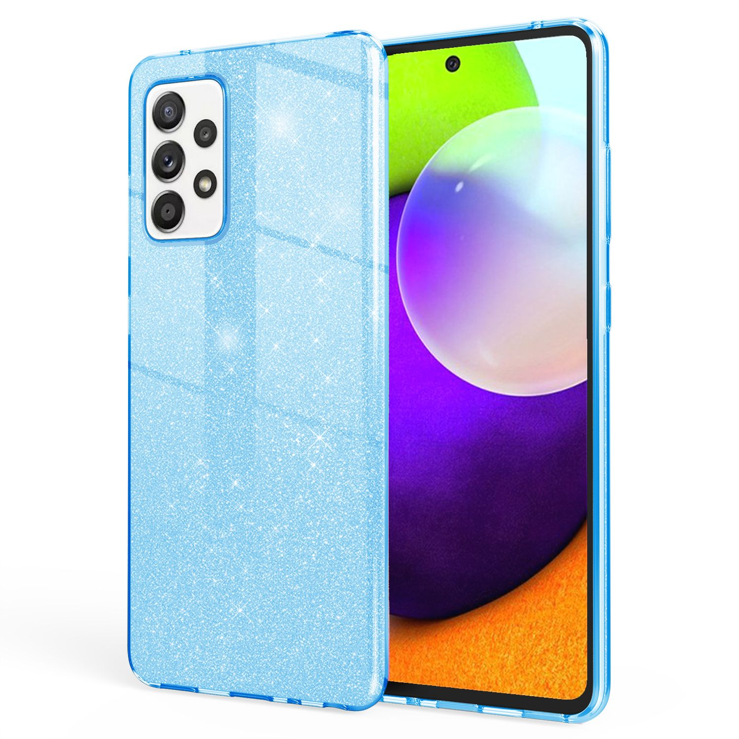Eine blaue Glitzer-Handyhülle auf einem Telefon, zeigt Kamera und Bildschirm.