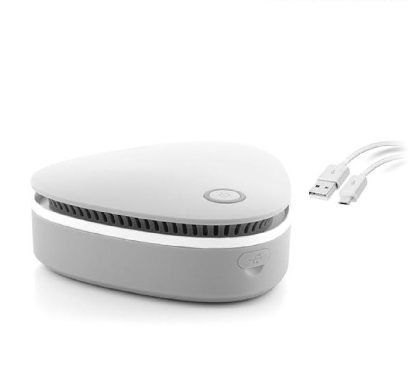 Un purificatore d'aria bianco e grigio con cavo USB, su sfondo bianco.