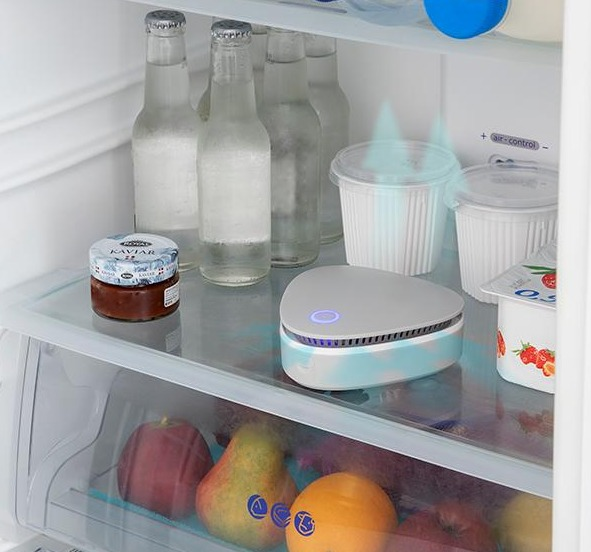 Interno del frigorifero con alimenti. Include bottiglie, barattoli e un purificatore d'aria.