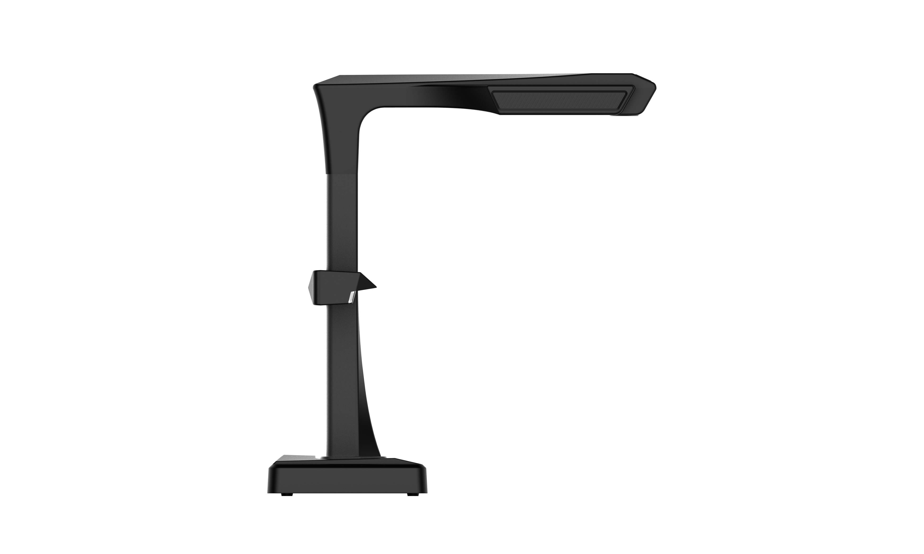 Schwarze Schreibtischlampe mit verstellbarem Arm und breitem Kopf.