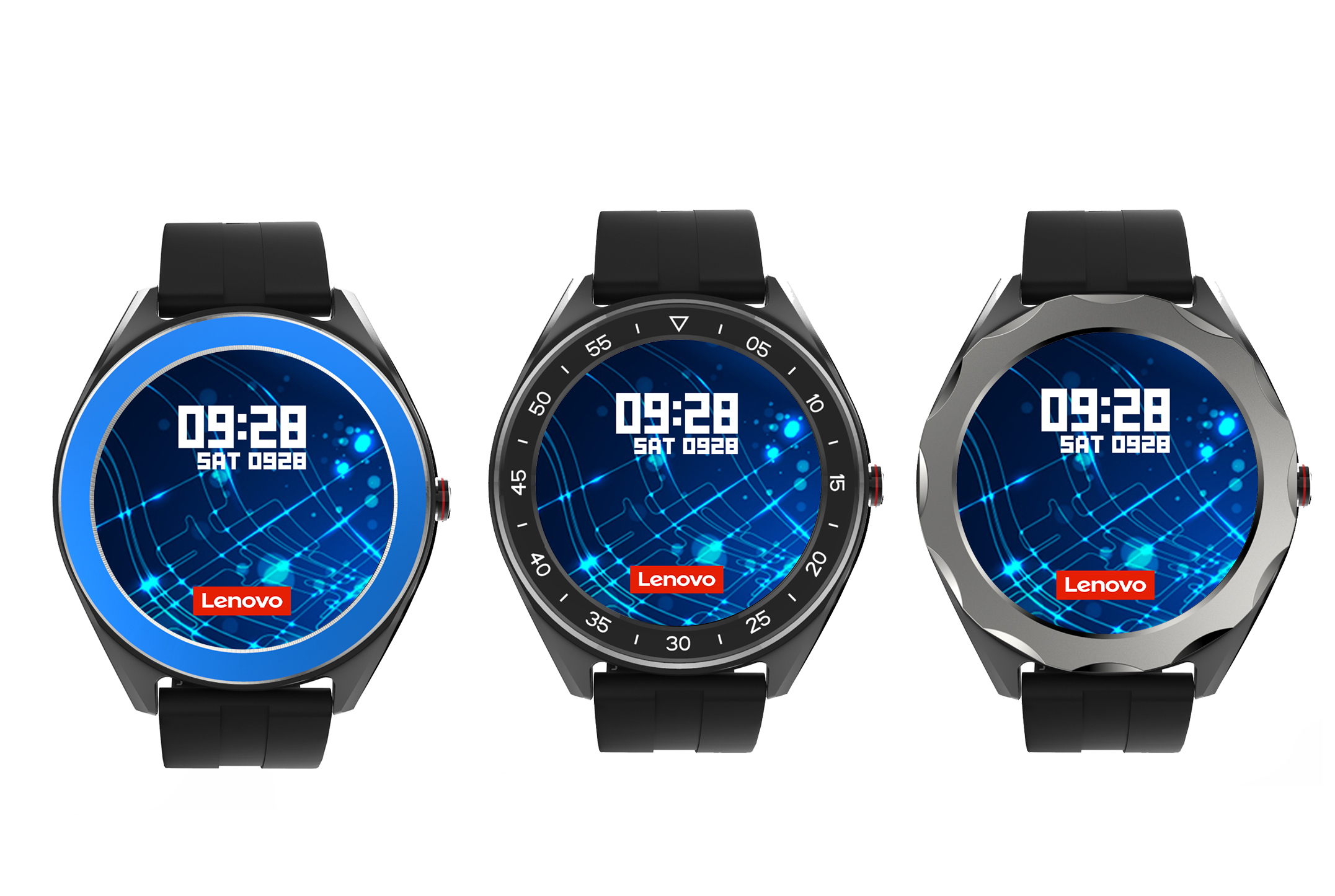 Tre smartwatch con cinturini neri, ognuno con un'interfaccia blu e bianca.