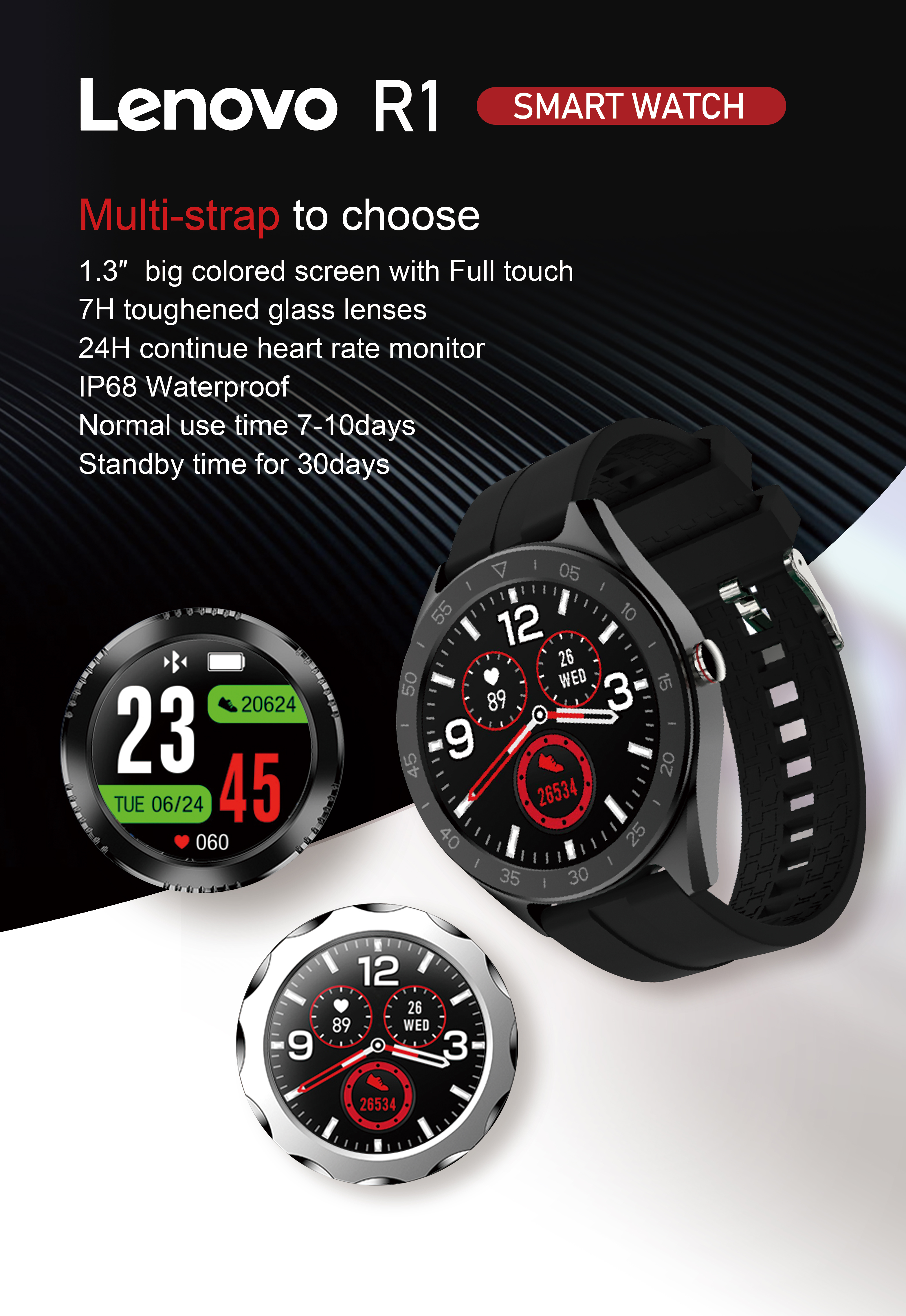 Smartwatch nero con più quadranti e testo.