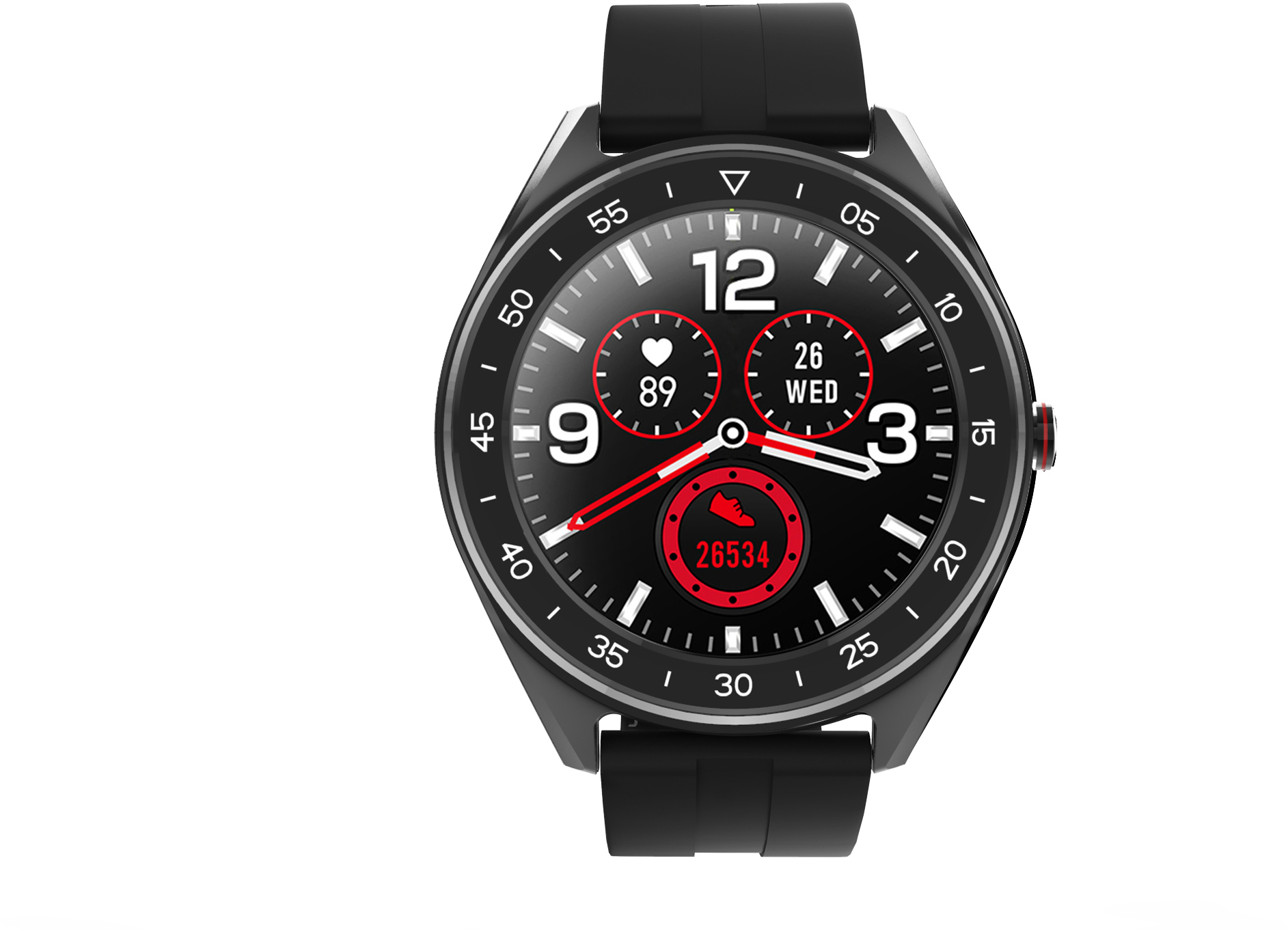 Smartwatch nero con quadrante rotondo che mostra l'ora e le statistiche, cinturino nero, isolato su bianco.
