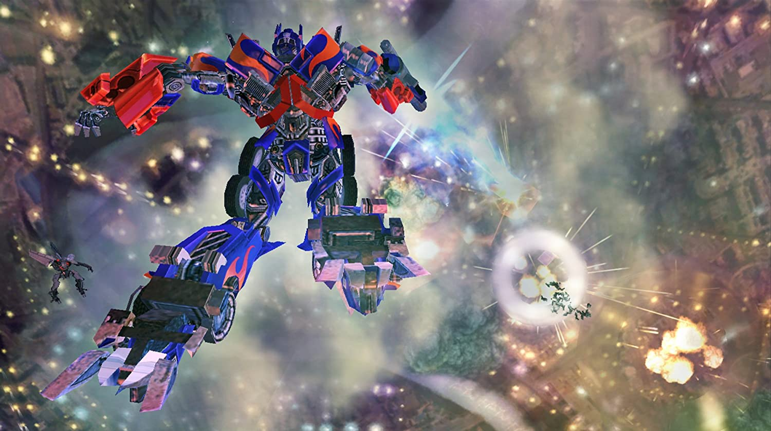 Optimus Prime, ein blauer und roter Roboter, im Weltraum, kämpft gegen Roboter.