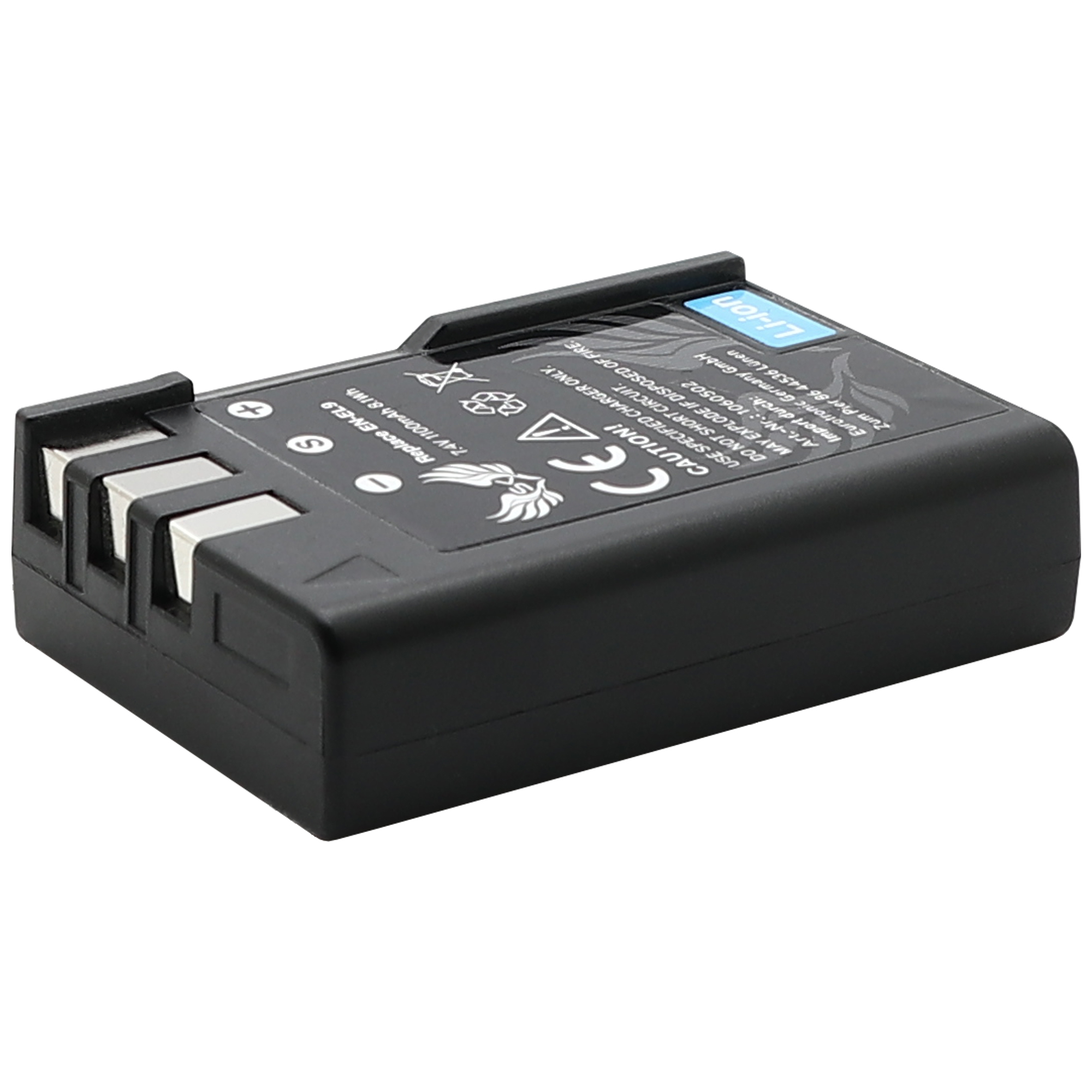 Schwarze Lithium-Ionen-Batterie mit Text und Symbolen. Die Batterie liegt auf weißer Oberfläche.