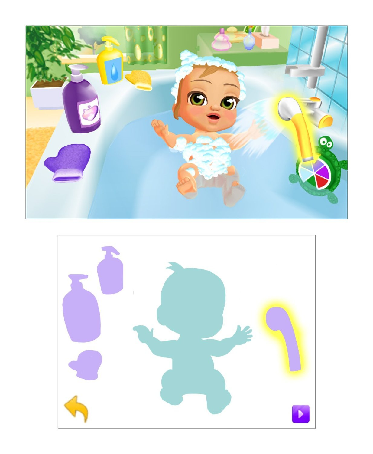 Ein Cartoon-Baby badet, mit Badutensilien im Hintergrund.