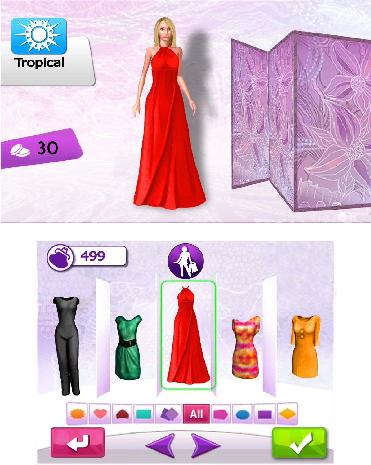 Modespiel-Oberfläche, Frau in rotem Kleid und weitere Kleidoptionen.