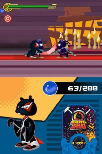 Screenshot eines Ninja-Spiels auf einer Handheld-Konsole, mit kämpfenden Charakteren.