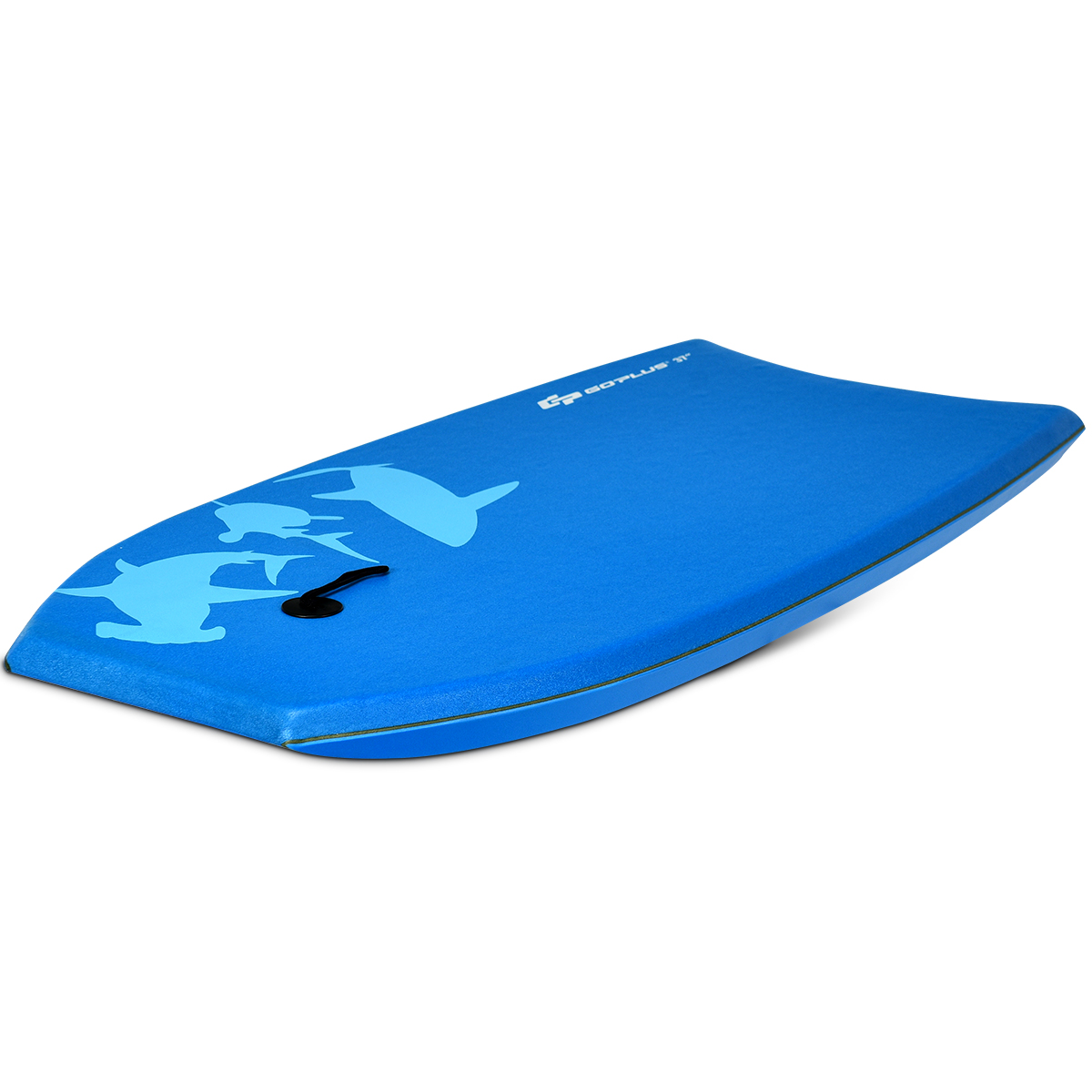 Blaues Bodyboard mit Delfin-Design auf weißem Hintergrund, von oben und leicht angewinkelt gesehen.