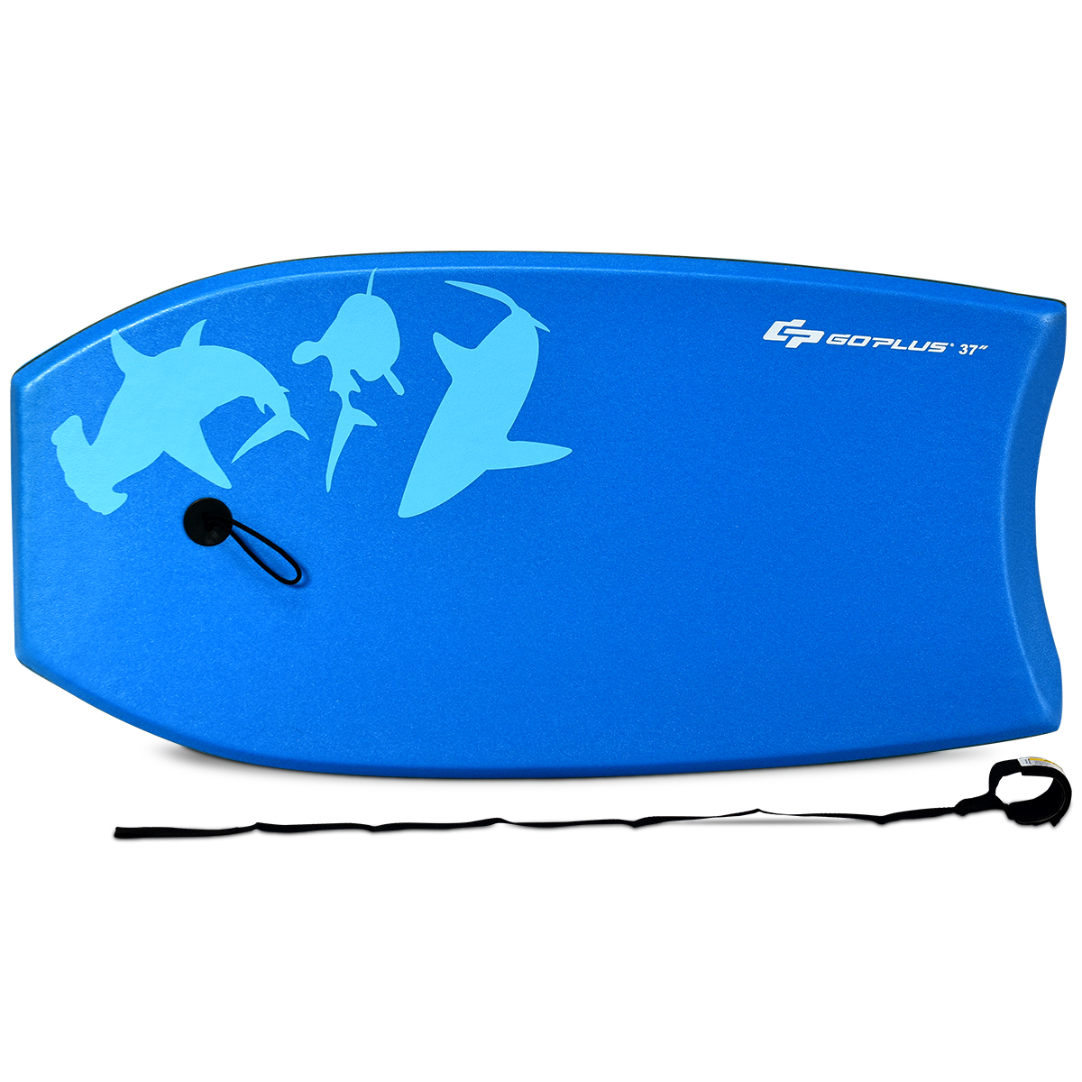 Blaues Bodyboard mit Delfin- und Hai-Silhouetten. Schwarze Leine, weißer Hintergrund.