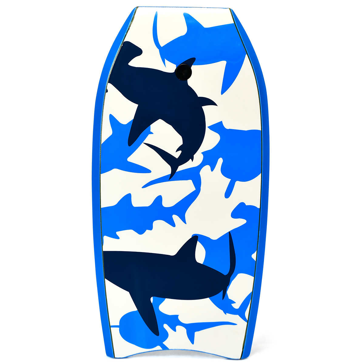 Weiß-blaues Boogieboard mit Hai-Silhouetten. Blau-weißes Farbschema.