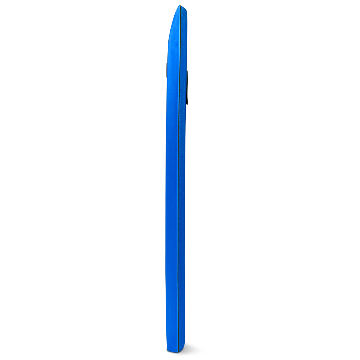 Ein schlankes blaues Telefon, Seitenansicht, vor weißem Hintergrund.