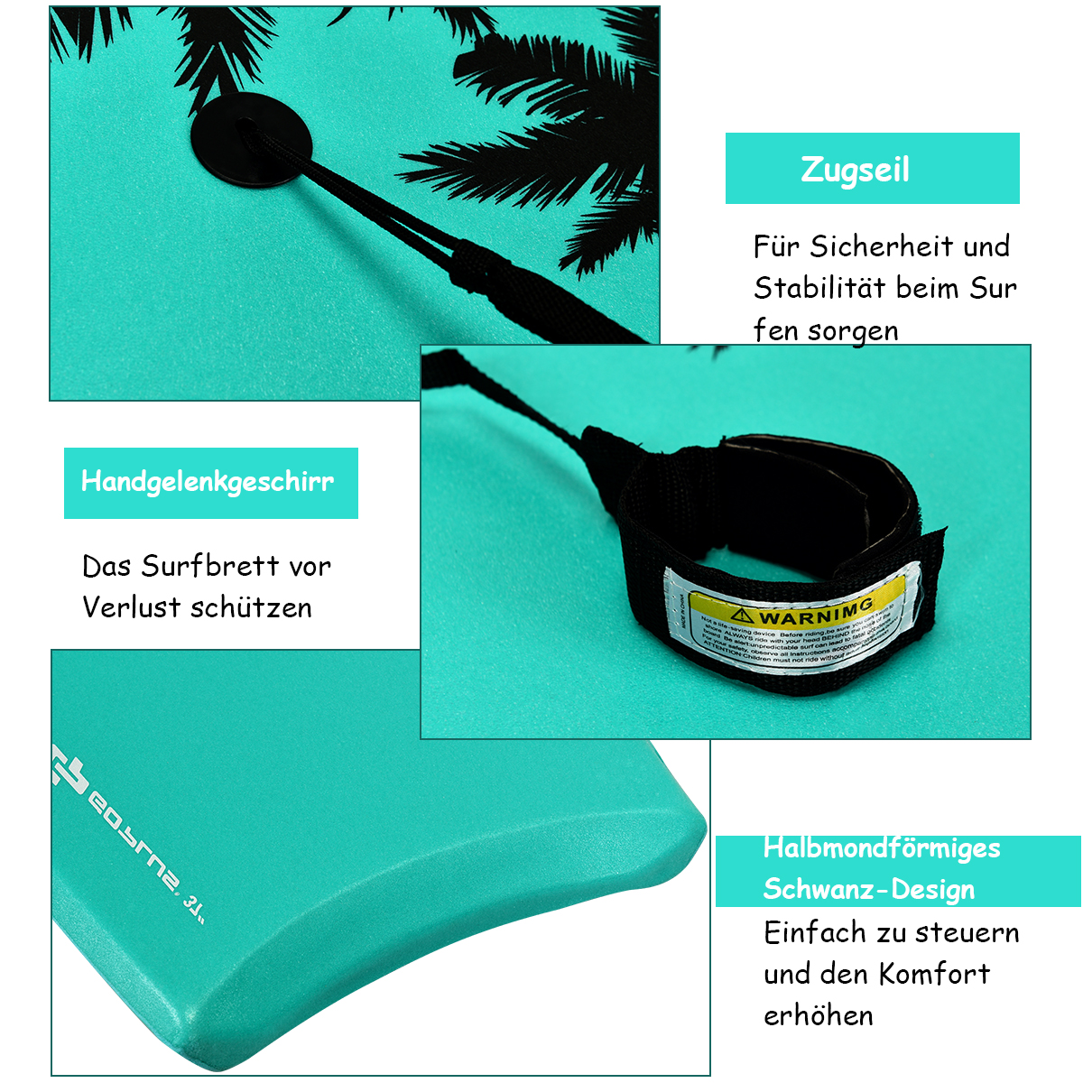 Surfbrettdetails und Zubehör. Enthält eine Leine, einen Griff und ein Diagramm mit Text auf Deutsch.
