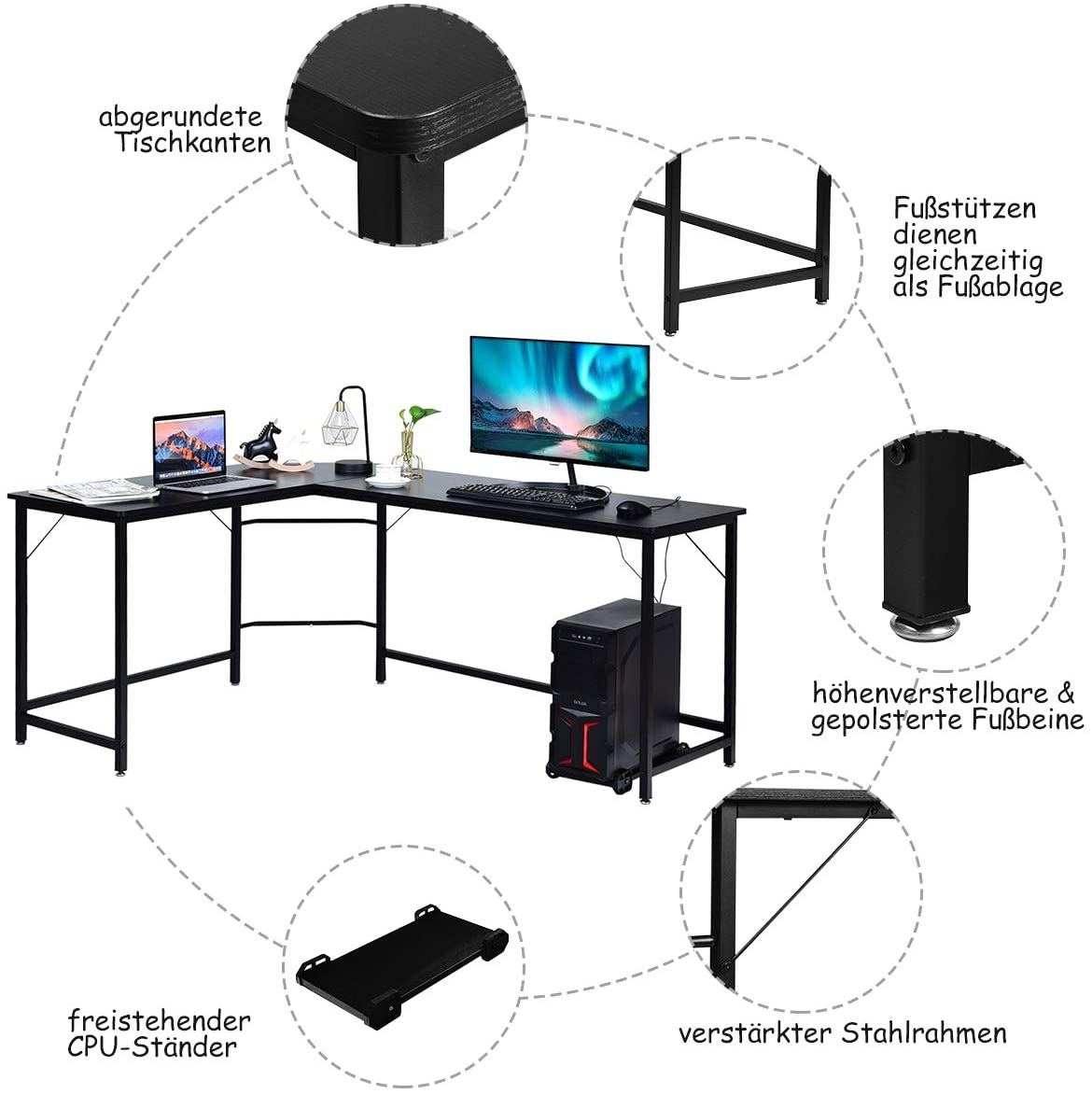 Ein L-förmiger Schreibtisch mit Computer und Peripheriegeräten. Der Schreibtisch ist schwarz.