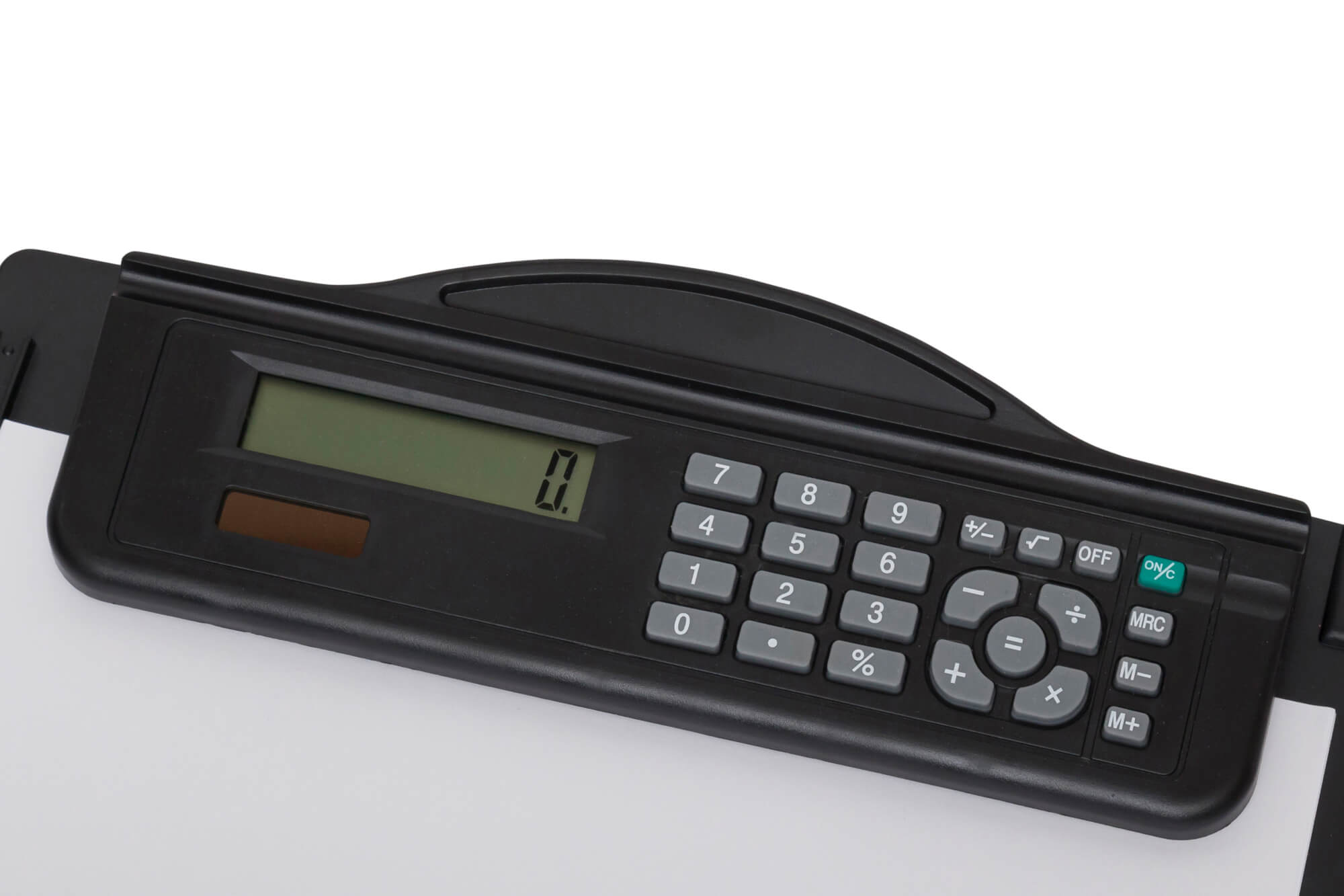 Czarny kalkulator na białej powierzchni. Kalkulator ma mały wyświetlacz i wiele przycisków.