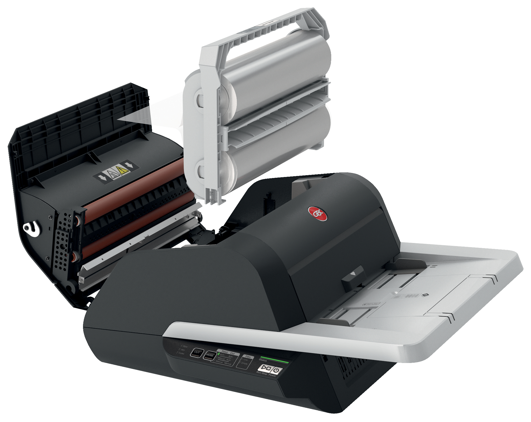 Czarno-szary skaner dokumentów z otwartą górą. Widoczne są elementy wewnętrzne.