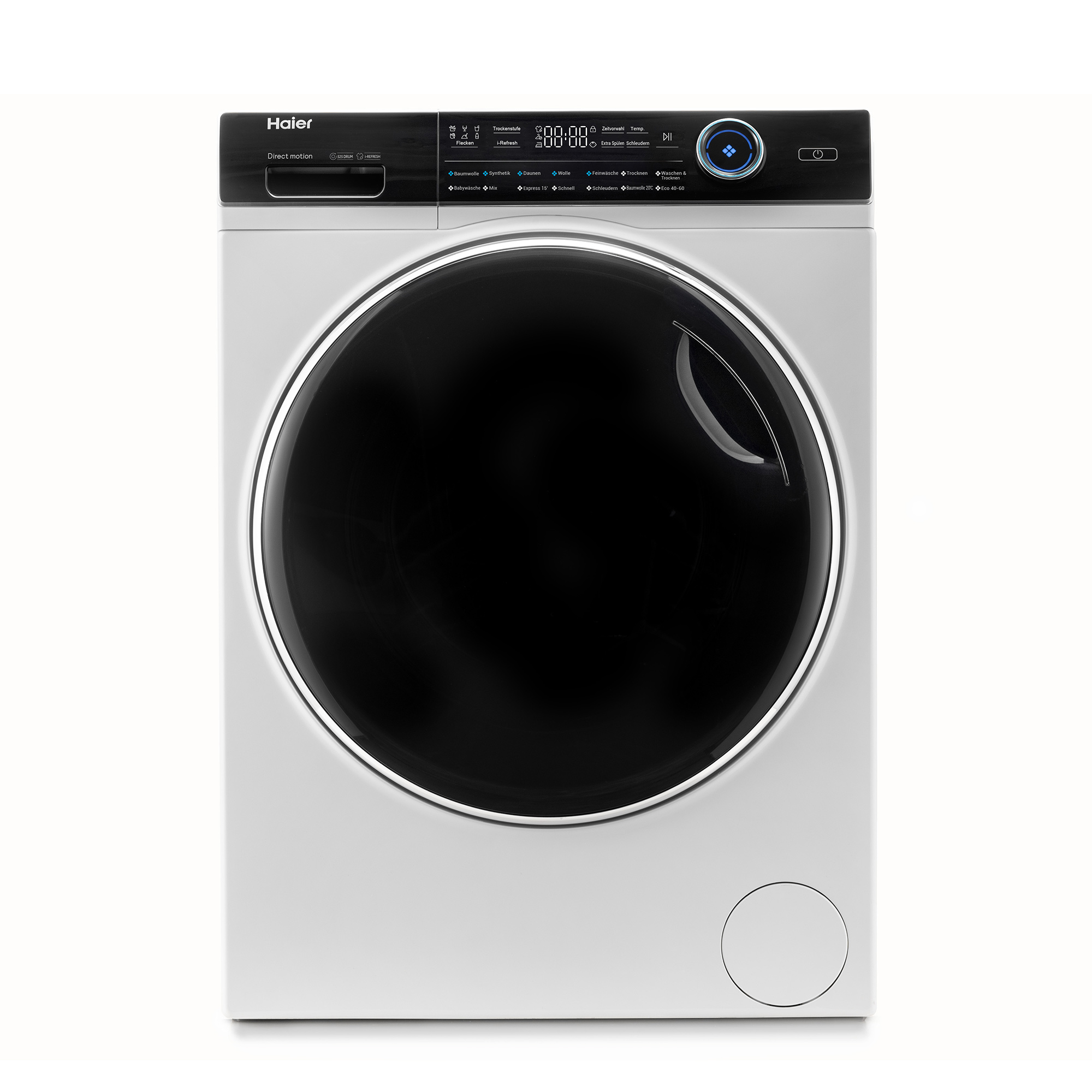 Lavatrice Haier bianca con porta nera.