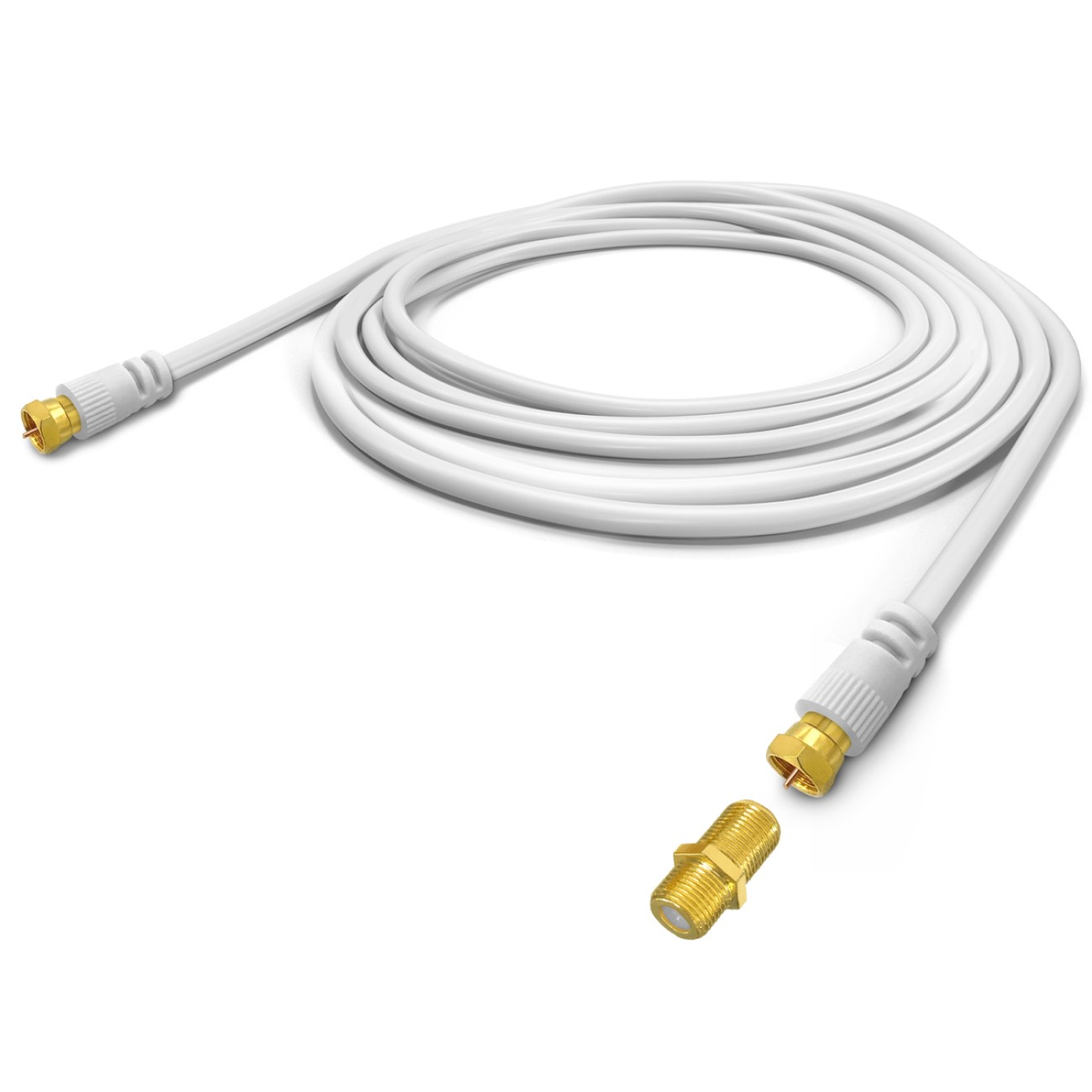 Ein weißes Koaxialkabel mit goldenen Steckern ist auf weißem Hintergrund aufgerollt. Das Kabel ist anschlussbereit.