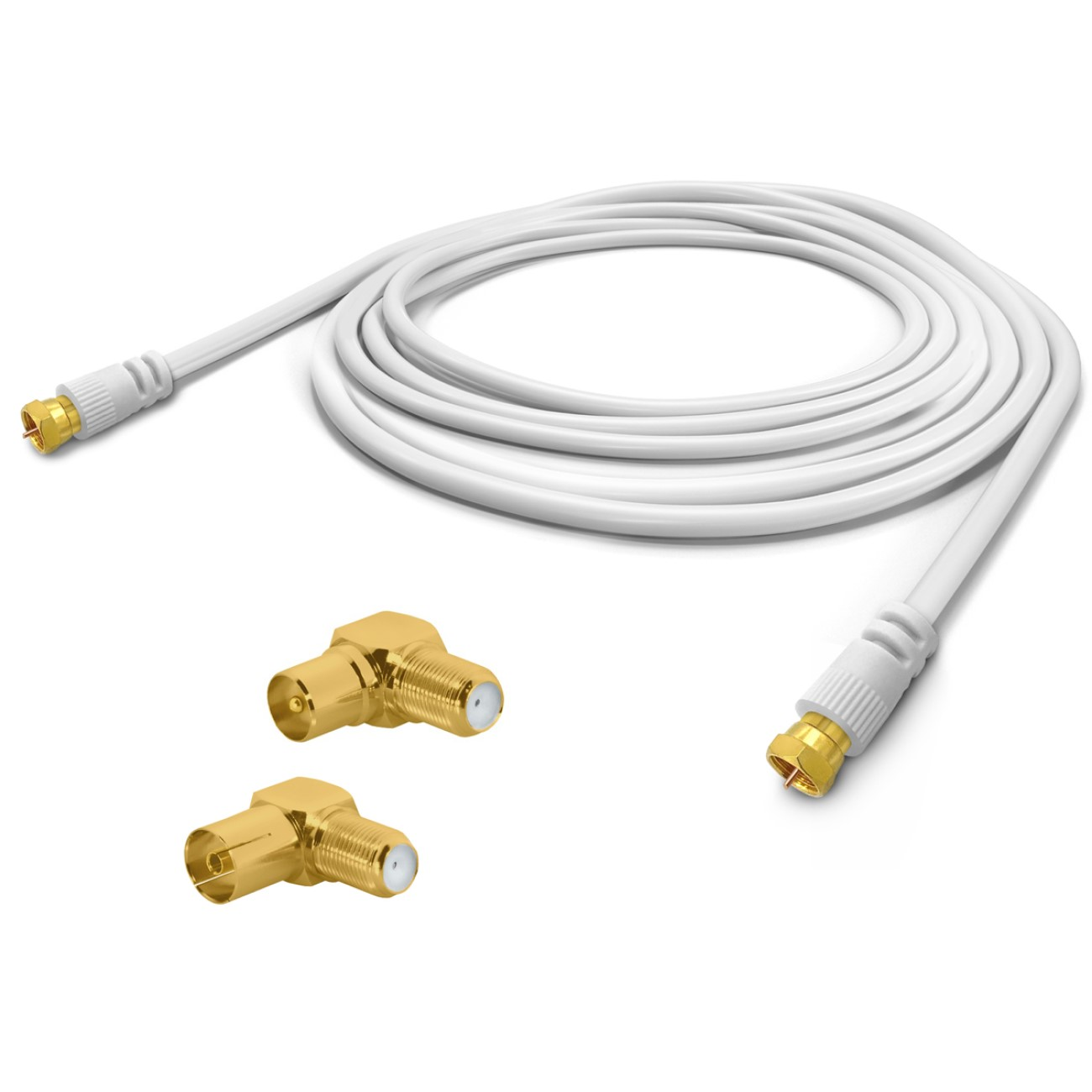 Weißes Koaxialkabel mit zwei goldenen Steckern. Die Stecker sind nah am Kabel.
