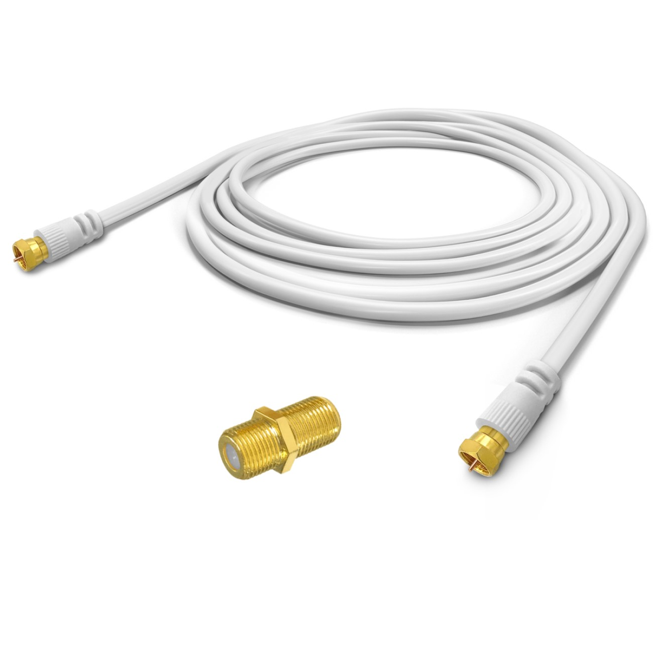 Ein weißes Koaxialkabel mit Goldsteckern. In der Mitte befindet sich ein Goldstecker.