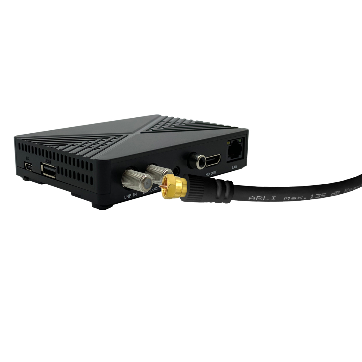 Eine schwarze Set-Top-Box mit Anschlüssen und einem Kabel, das auf der rechten Seite angeschlossen ist.