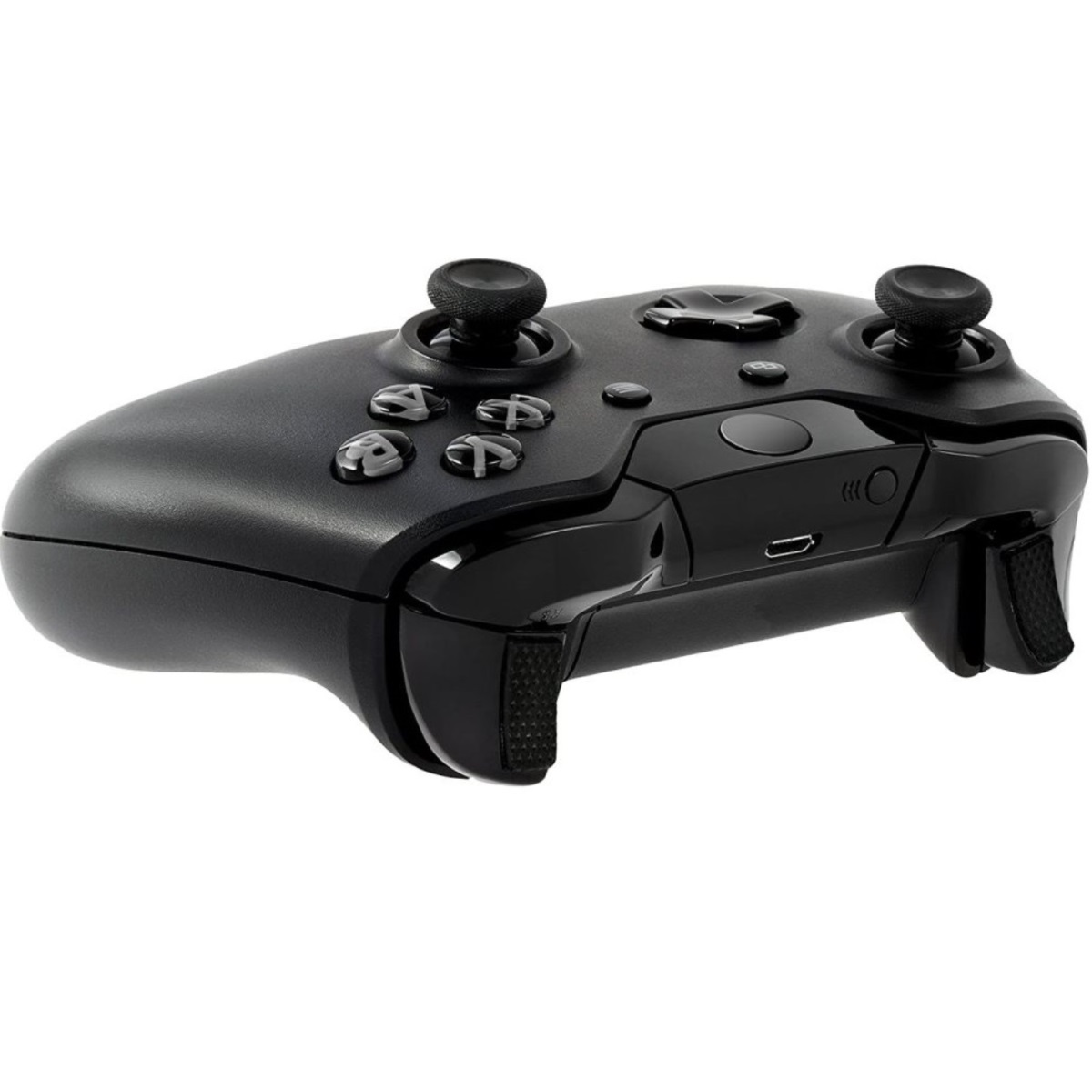 Ein schwarzer Gamecontroller mit Knöpfen, Joysticks und einem USB-Anschluss.