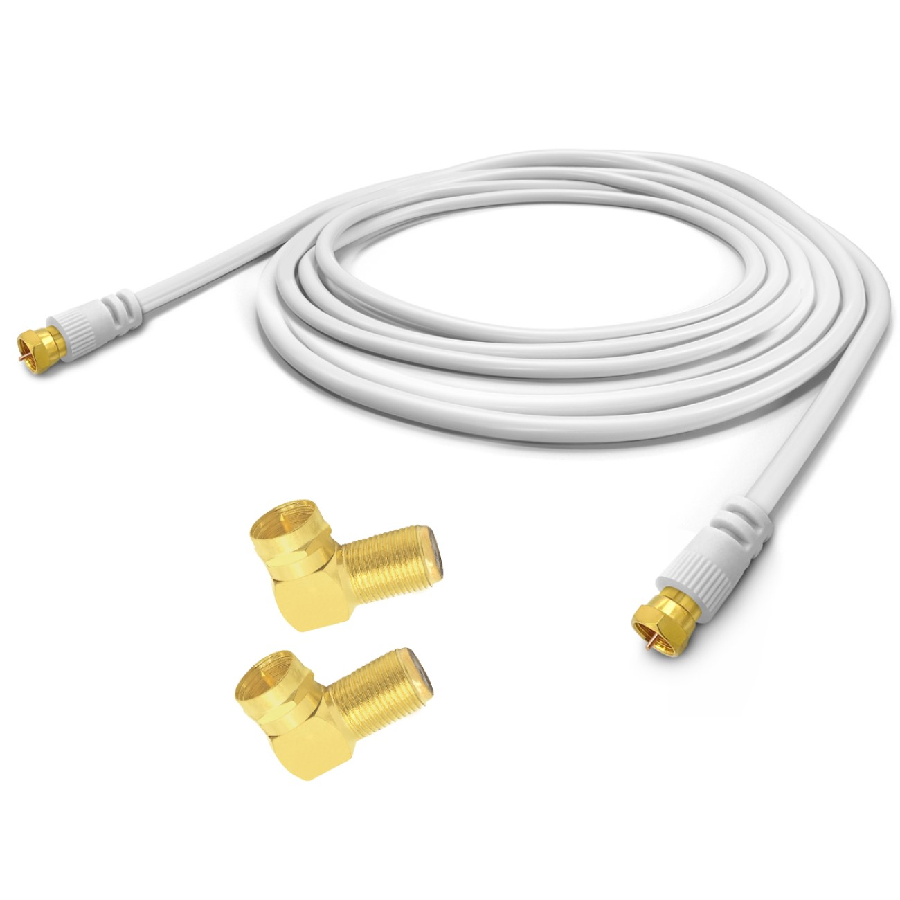 Weißes Koaxialkabel mit Anschlüssen. Zwei goldfarbene Winkelstecker sind ebenfalls vorhanden.