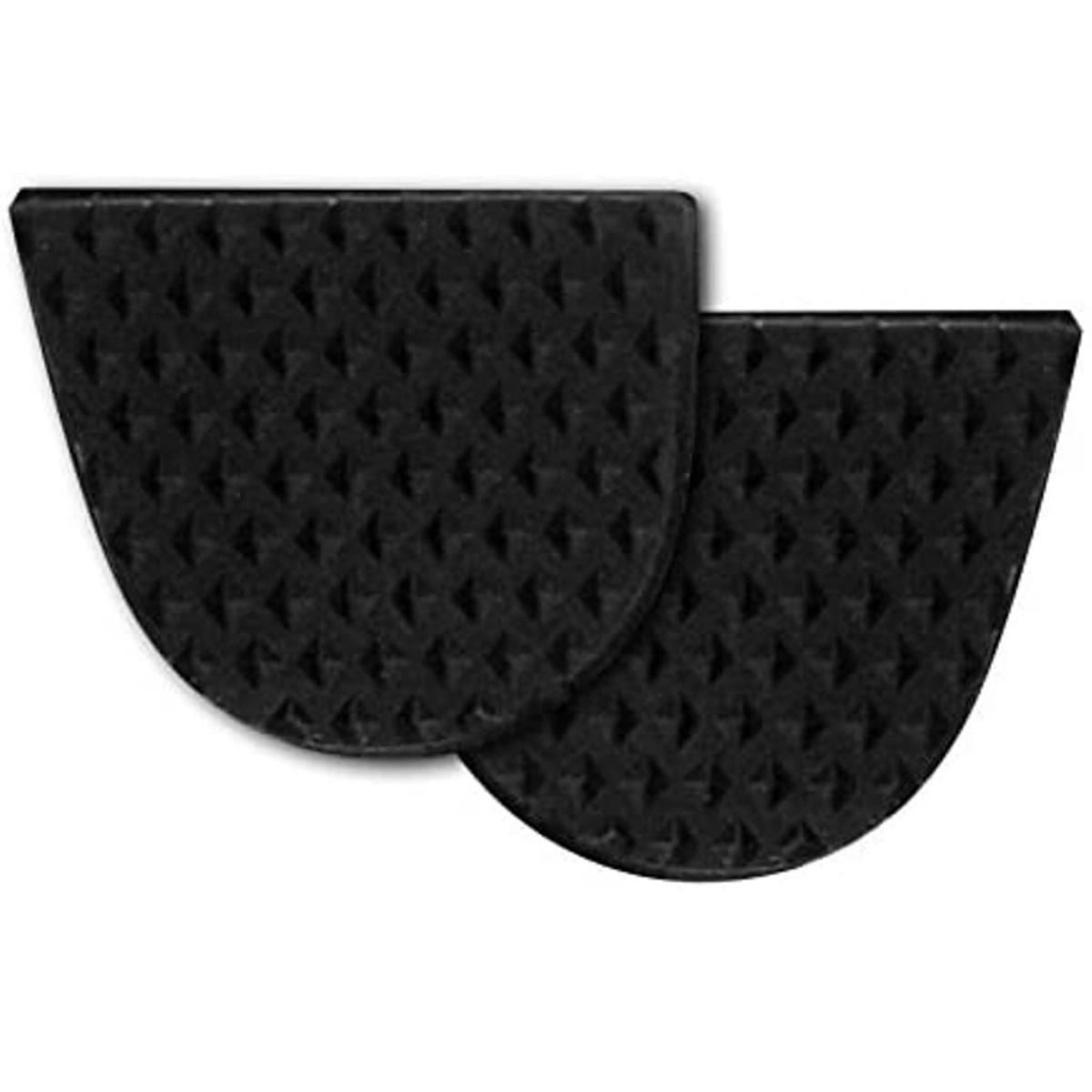 Zwei schwarze Schuhsohlen-Schützer. Sie haben ein strukturiertes Diamantmuster.