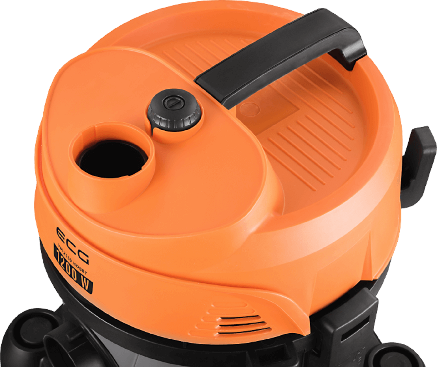 Aspirapolvere arancione. Ha una maniglia e il testo: ECG 1200 W.