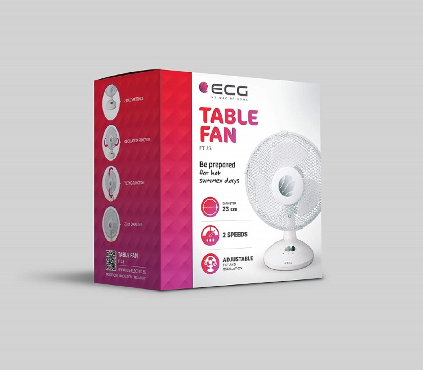 Pudełko wentylatora stołowego ze szczegółami produktu, biały wentylator po prawej.