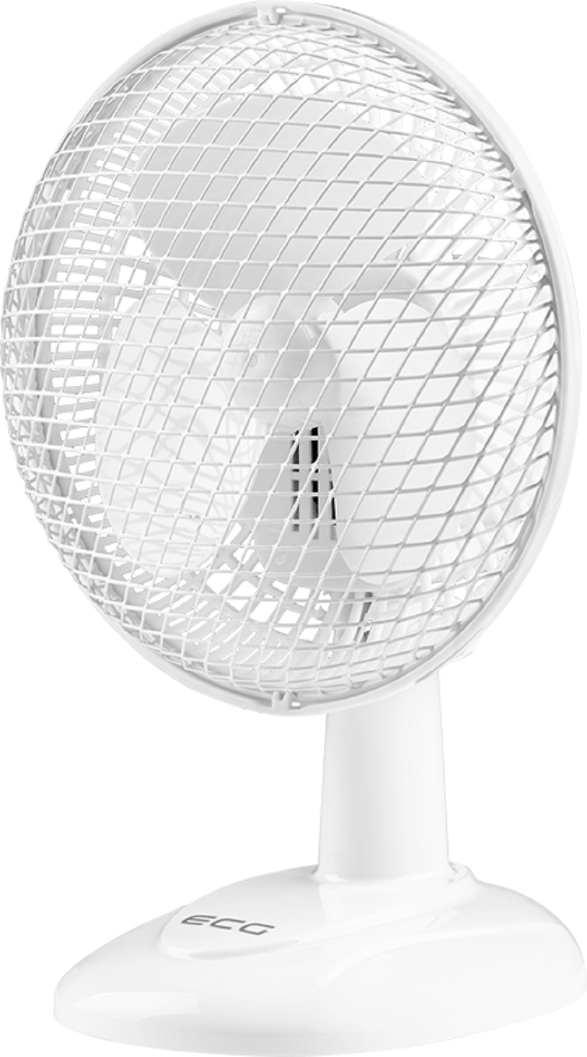 Biały wentylator z klatką i podstawą. Wentylator znajduje się na białym tle.