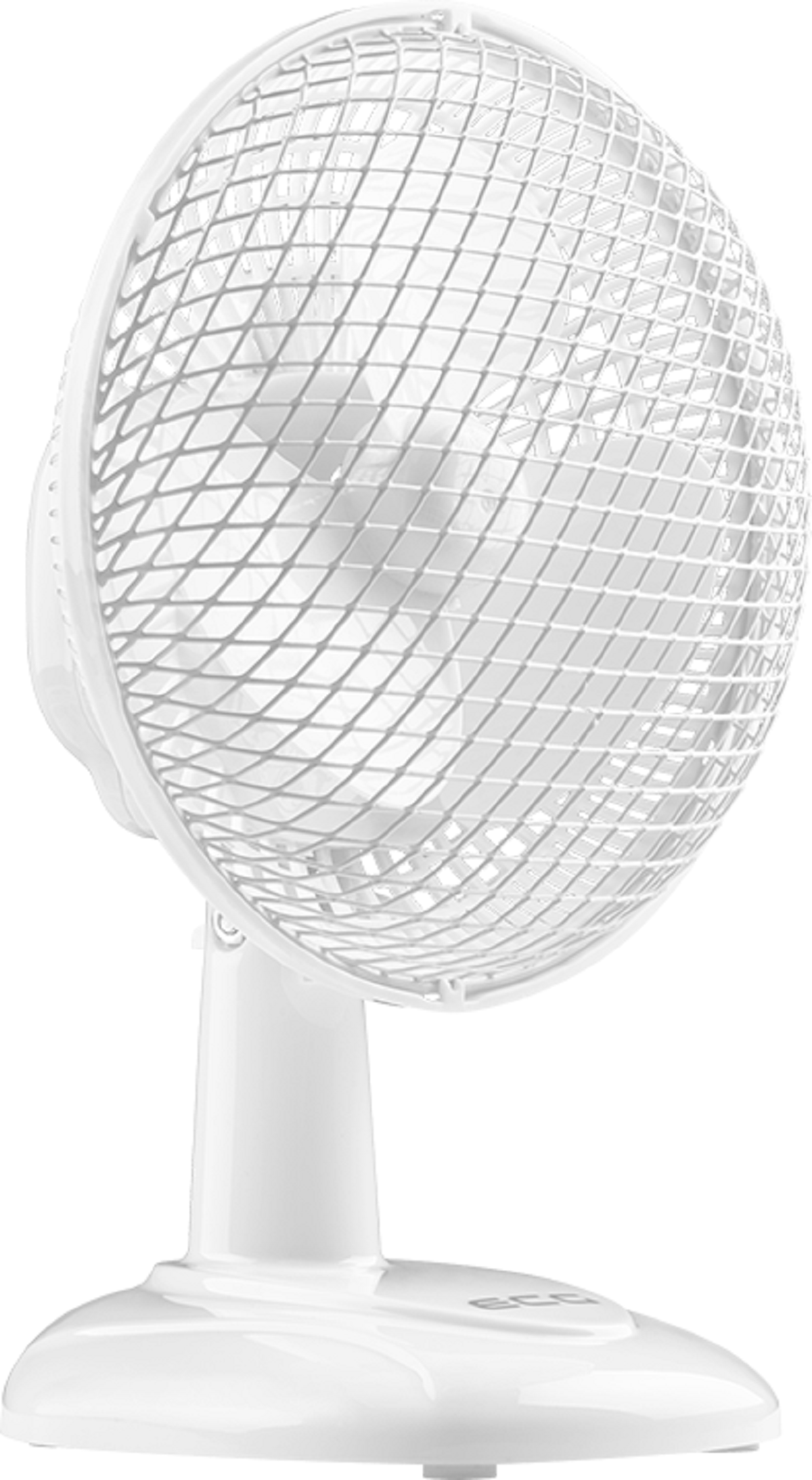 Biały wentylator z białą kratką. Ma białą podstawę i stojak.