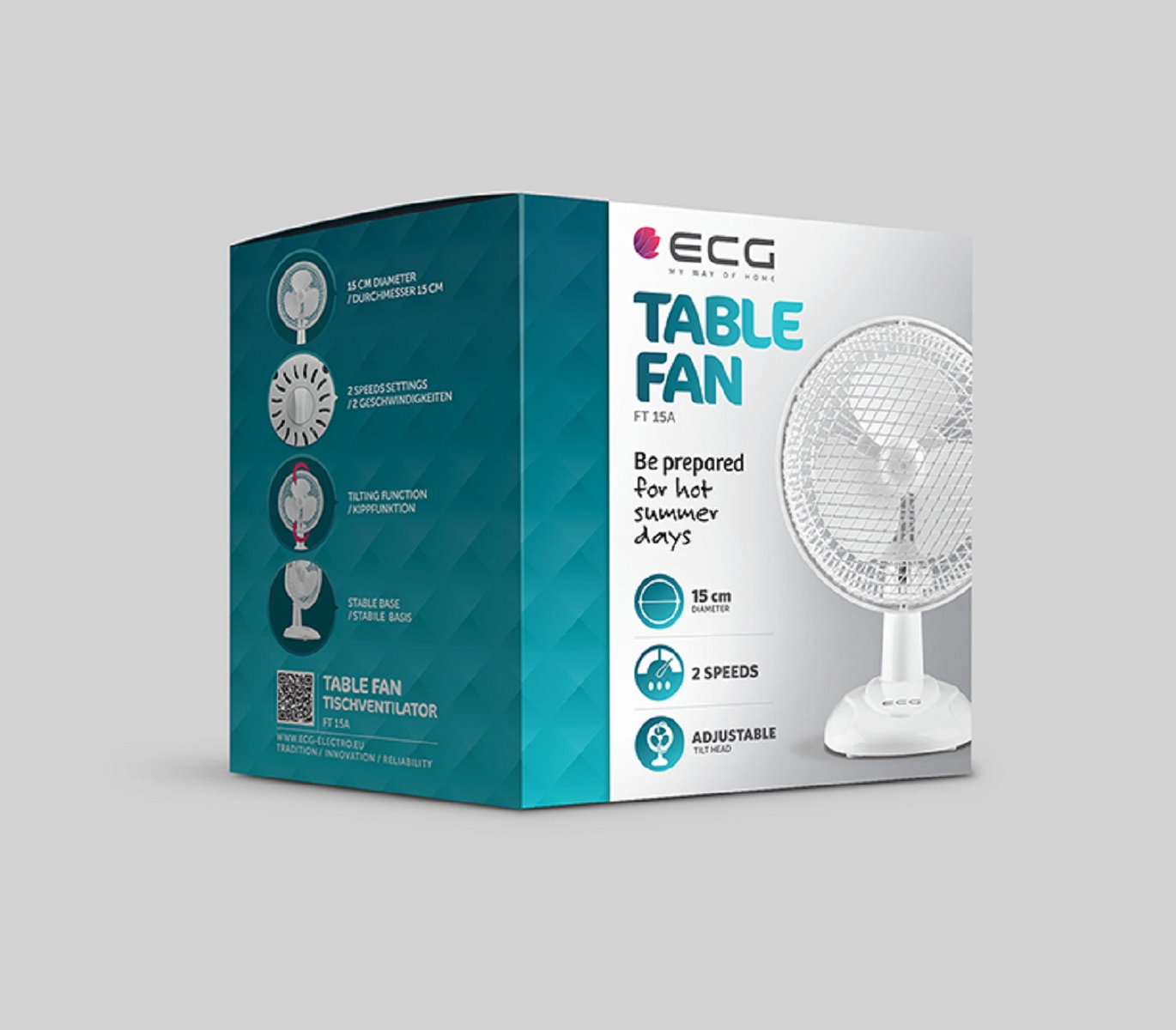 Pudełko wentylatora stołowego ze zdjęciami wentylatora i prezentowanymi funkcjami.