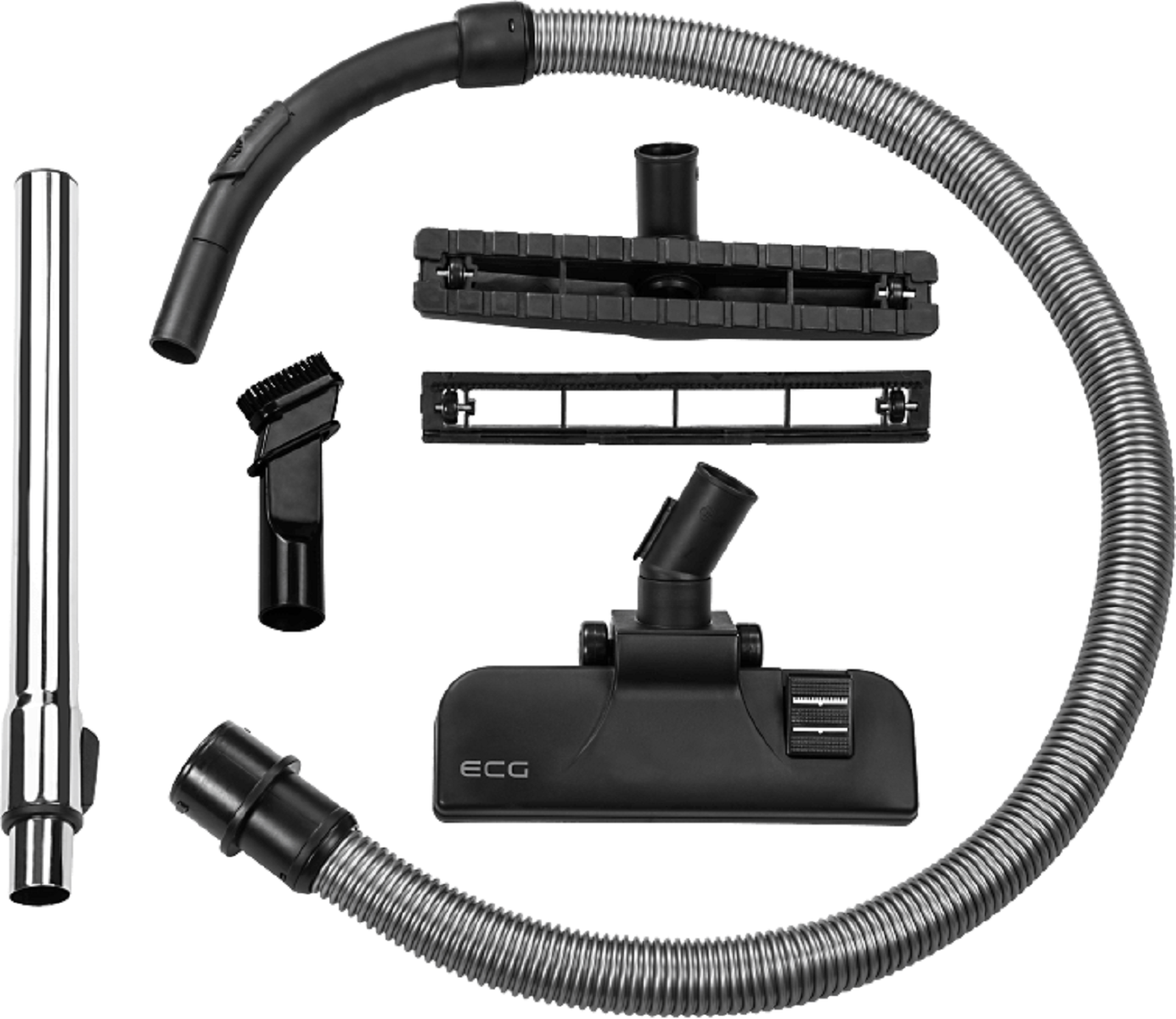 Accessori per aspirapolvere. Include un tubo, una bacchetta, una spazzola e un ugello. Tutte le parti sono nere.