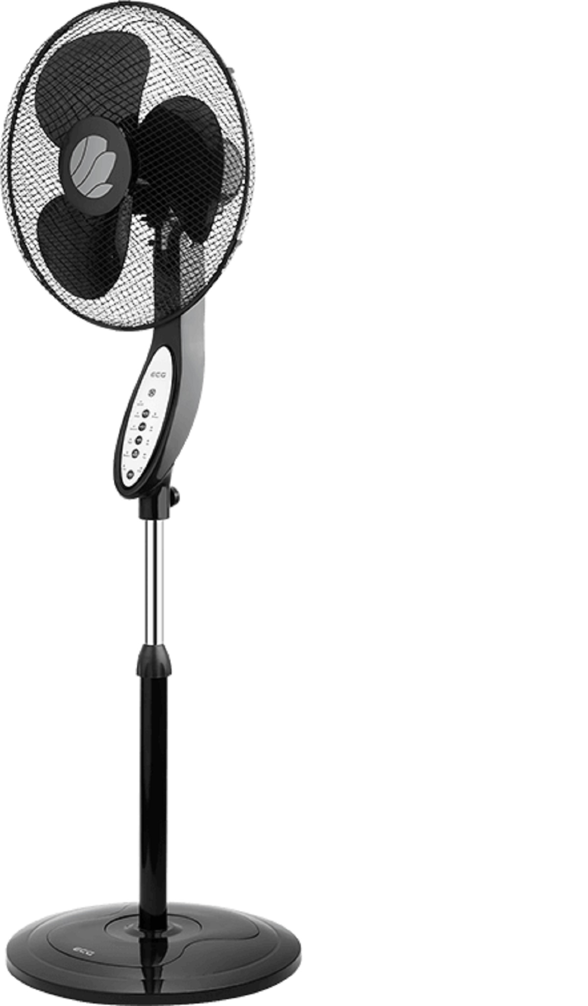 Czarno-srebrny wentylator stojący, białe tło.