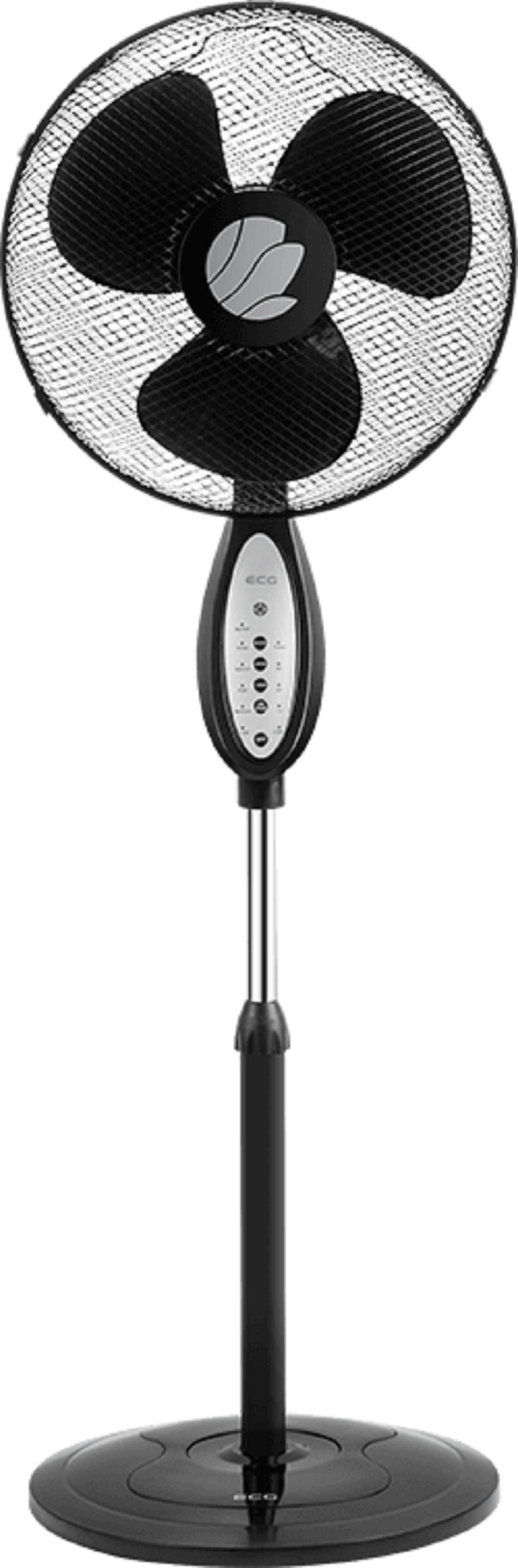 Czarny wentylator stojący z trzema łopatkami i okrągłą podstawą. Jest na białym tle.