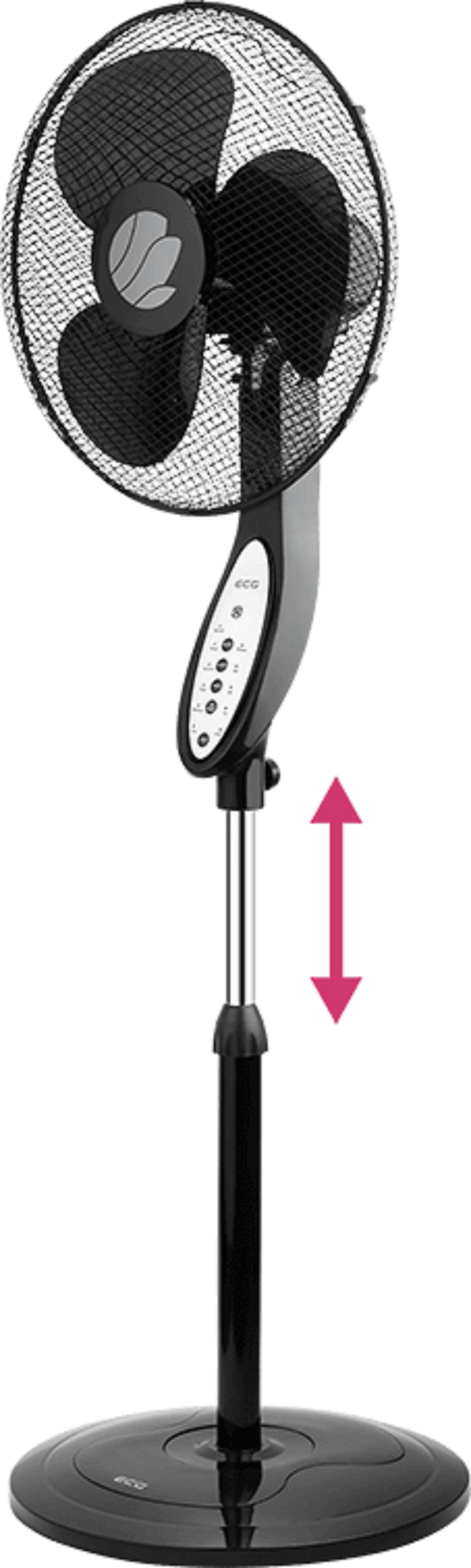 Czarny wentylator stojący ze srebrnym słupkiem, regulowaną wysokością i okrągłą podstawą.