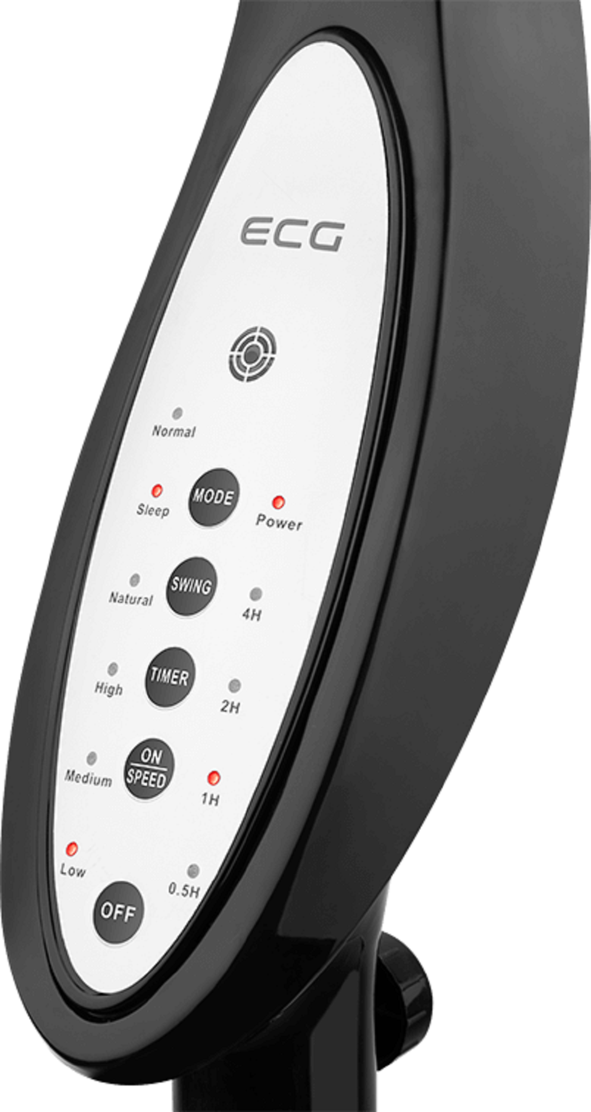 Czarno-biały panel sterowania wentylatorem. Przyciski zasilania, trybu, prędkości i timera.